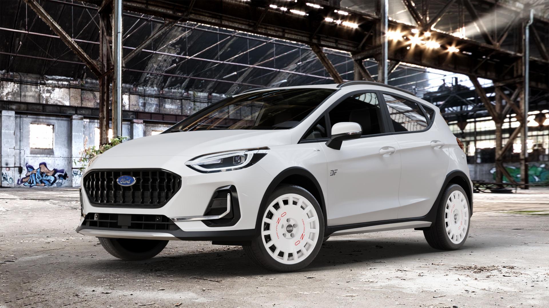OZ RACING RALLY RACING RACE WHITE + RED LETTERING Felge mit Reifen rot weiss weiß in 17Zoll Winterfelge Alufelge auf weissem Ford Fiesta VII Typ JHH Active Facelift ⬇️ mit 15mm Tieferlegung ⬇️ Old Industrial Hall_max_4400mm_2024 Frontansicht_1