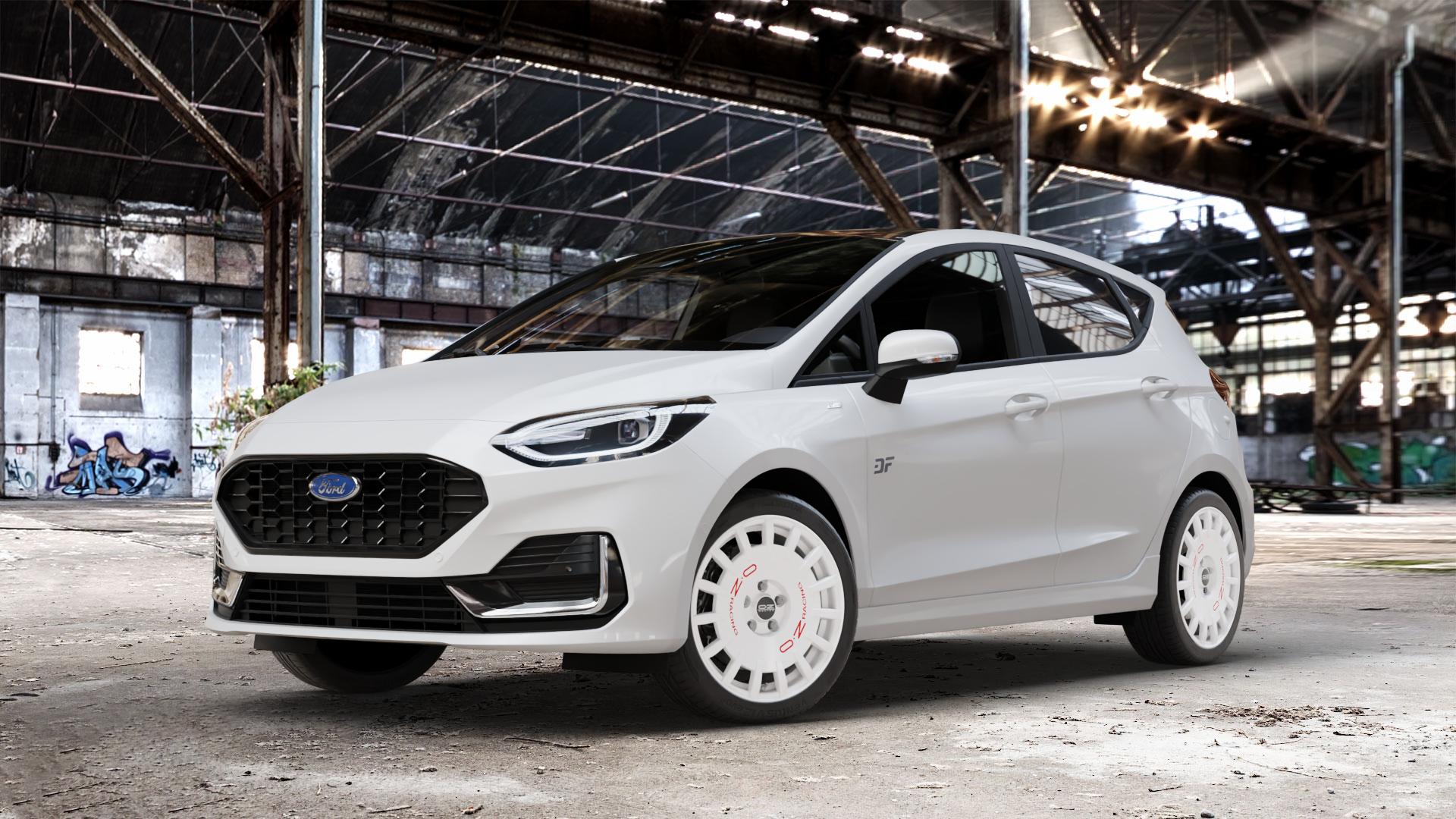 OZ RACING RALLY RACING RACE WHITE + RED LETTERING Felge mit Reifen rot weiss weiß in 17Zoll Winterfelge Alufelge auf weissem Ford Fiesta VII Typ JHH Facelift 1,0l EcoBoost 74kW (101 PS) 92kW (125 Mild-Hybrid 114kW (155 1,1l 55kW (75 ⬇️ mit 15mm Tieferlegung ⬇️ Old Industrial Hall_max_4400mm_2024 Frontansicht_1