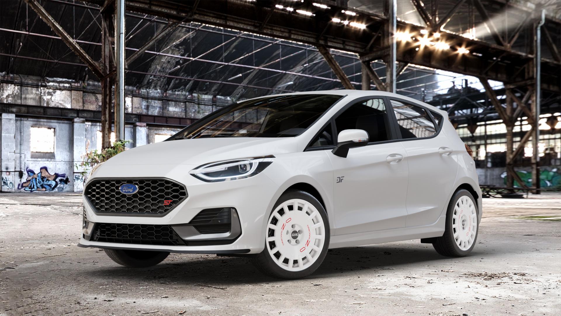 OZ RACING RALLY RACING RACE WHITE + RED LETTERING Felge mit Reifen rot weiss weiß in 17Zoll Winterfelge Alufelge auf weissem Ford Fiesta VII Typ JHH Facelift 1,5l EcoBoost 147kW ST (200 PS) ⬇️ mit 15mm Tieferlegung ⬇️ Old Industrial Hall_max_4400mm_2024 Frontansicht_1