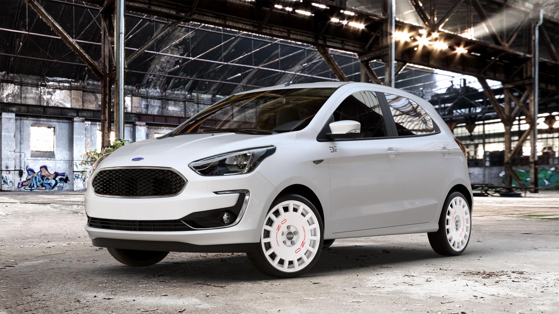 OZ RACING RALLY RACING RACE WHITE + RED LETTERING Felge mit Reifen rot weiss weiß in 17Zoll Winterfelge Alufelge auf weissem Ford KA+ Typ KAF ACTIVE Facelift KA ⬇️ mit 15mm Tieferlegung ⬇️ Old Industrial Hall_max_4400mm_2024 Frontansicht_1