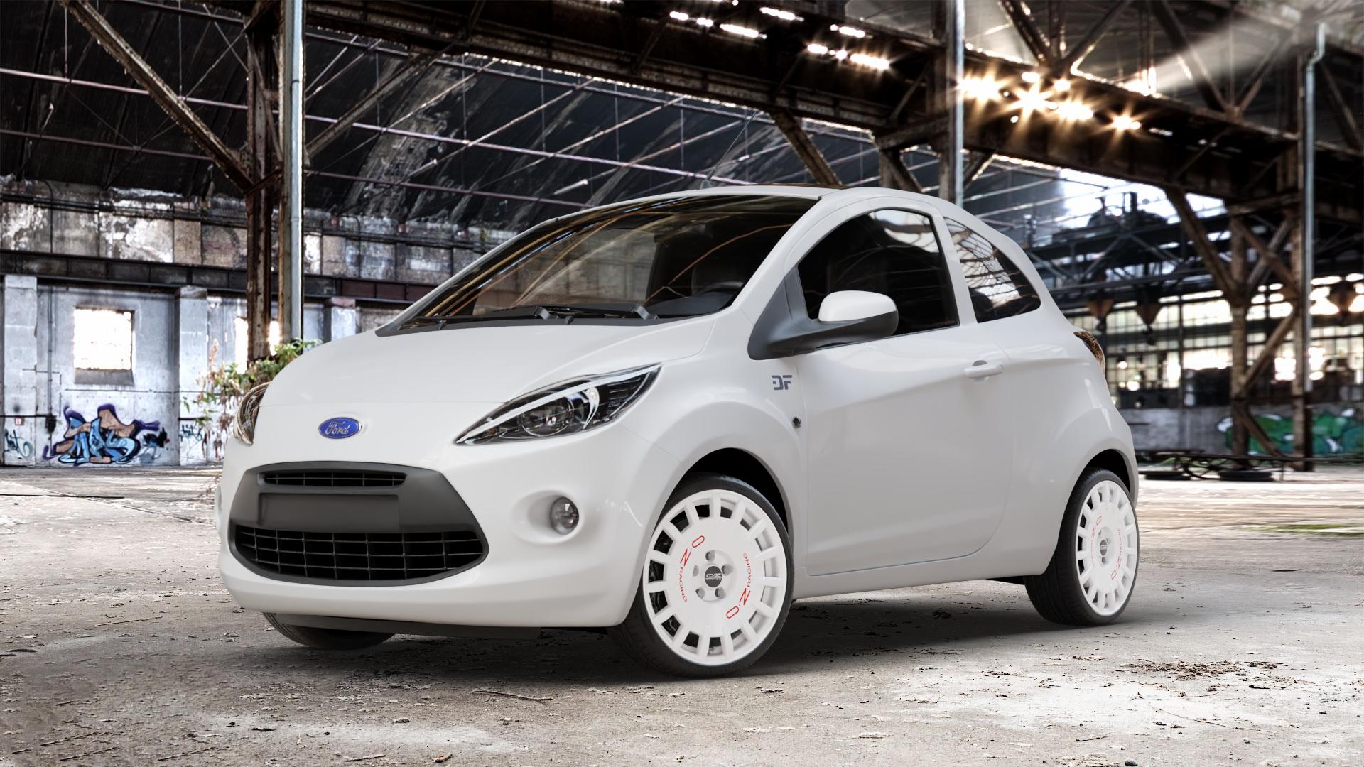 OZ RACING RALLY RACING RACE WHITE + RED LETTERING Felge mit Reifen rot weiss weiß in 17Zoll Winterfelge Alufelge auf weissem Ford KA Typ RU8 ⬇️ mit 15mm Tieferlegung ⬇️ Old Industrial Hall_max_4400mm_2024 Frontansicht_1