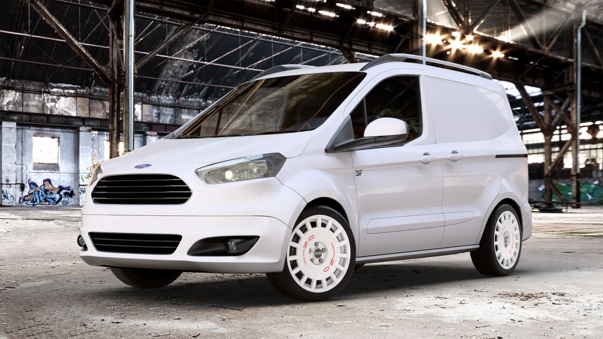 OZ RACING RALLY RACING RACE WHITE + RED LETTERING Felge mit Reifen rot weiss weiß in 17Zoll Winterfelge Alufelge auf weissem Ford Transit Courier Typ JN8 (14->) JU2 ⬇️ mit 15mm Tieferlegung ⬇️ Old Industrial Hall_max_4400mm_2024 Frontansicht_1