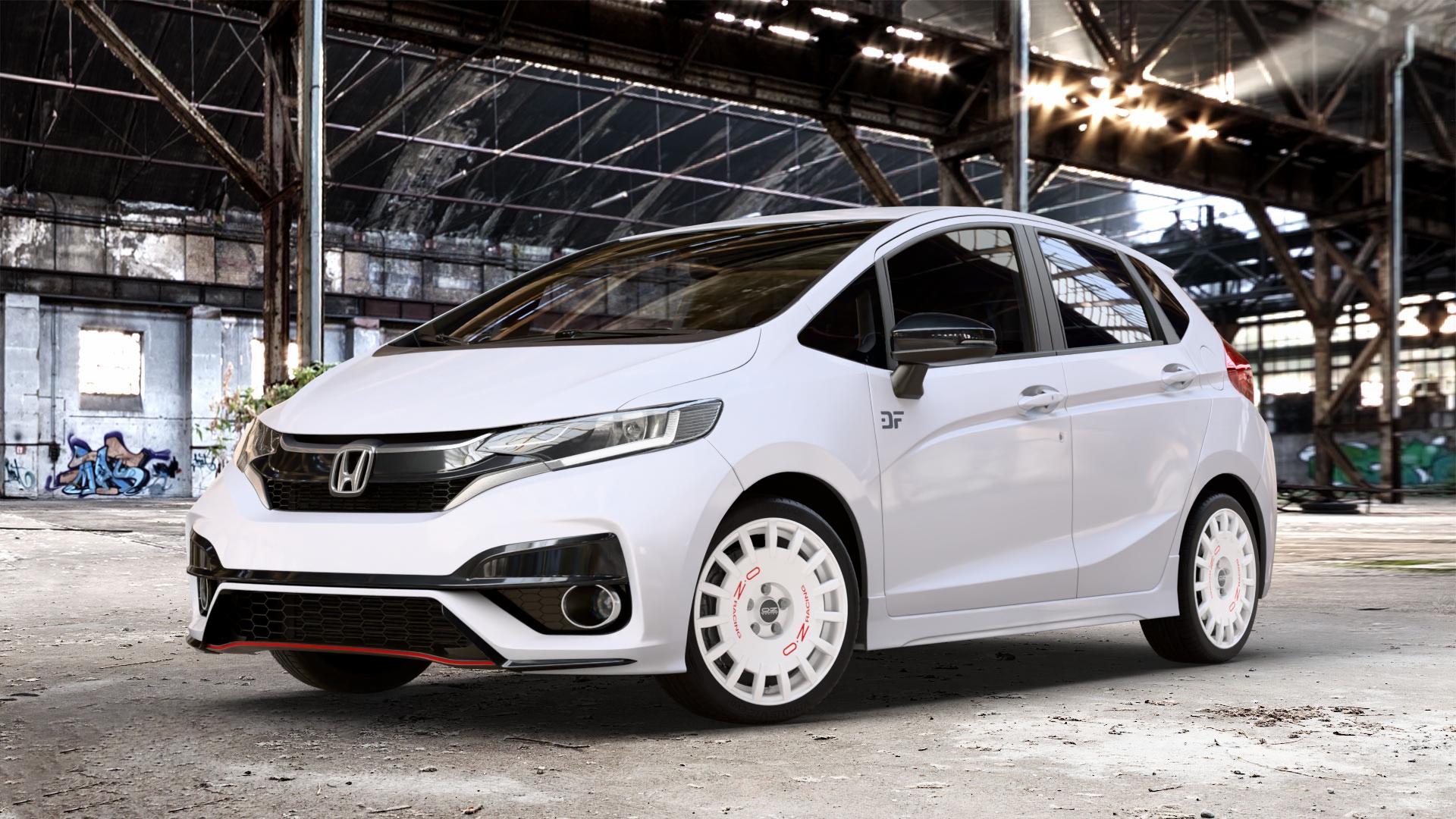 OZ RACING RALLY RACING RACE WHITE + RED LETTERING Felge mit Reifen rot weiss weiß in 17Zoll Winterfelge Alufelge auf weissem Honda Jazz IV (GK) Facelift ⬇️ mit 15mm Tieferlegung ⬇️ Old Industrial Hall_max_4400mm_2024 Frontansicht_1
