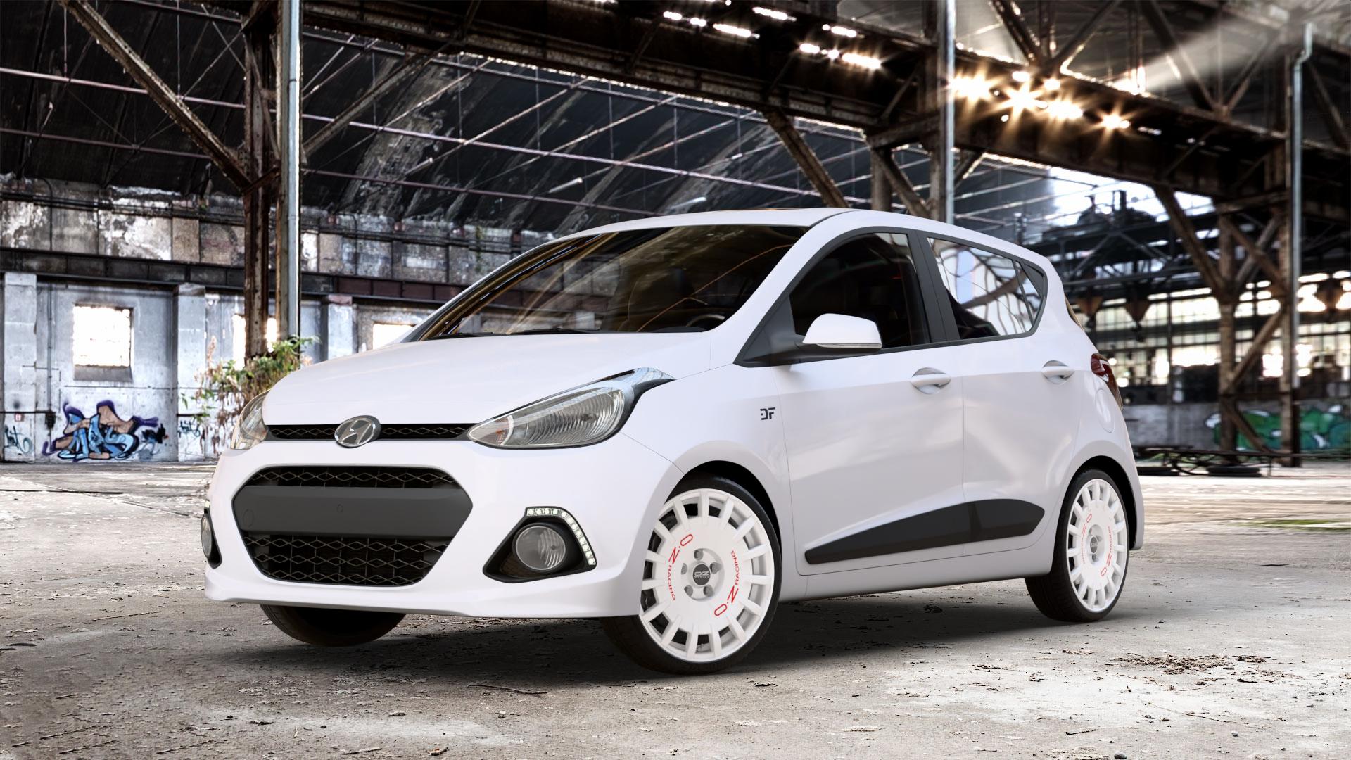 OZ RACING RALLY RACING RACE WHITE + RED LETTERING Felge mit Reifen rot weiss weiß in 17Zoll Winterfelge Alufelge auf weissem Hyundai i10 Typ IA ⬇️ mit 15mm Tieferlegung ⬇️ Old Industrial Hall_max_4400mm_2024 Frontansicht_1