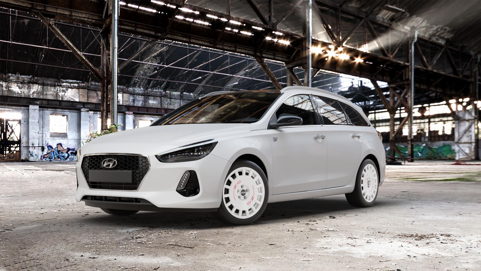 OZ RACING RALLY RACING RACE WHITE + RED LETTERING Felge mit Reifen rot weiss weiß in 17Zoll Winterfelge Alufelge auf weissem Hyundai i30 Typ PDE Kombi ⬇️ mit 15mm Tieferlegung ⬇️ Old Industrial Hall_max_5300mm_2024 Frontansicht_1