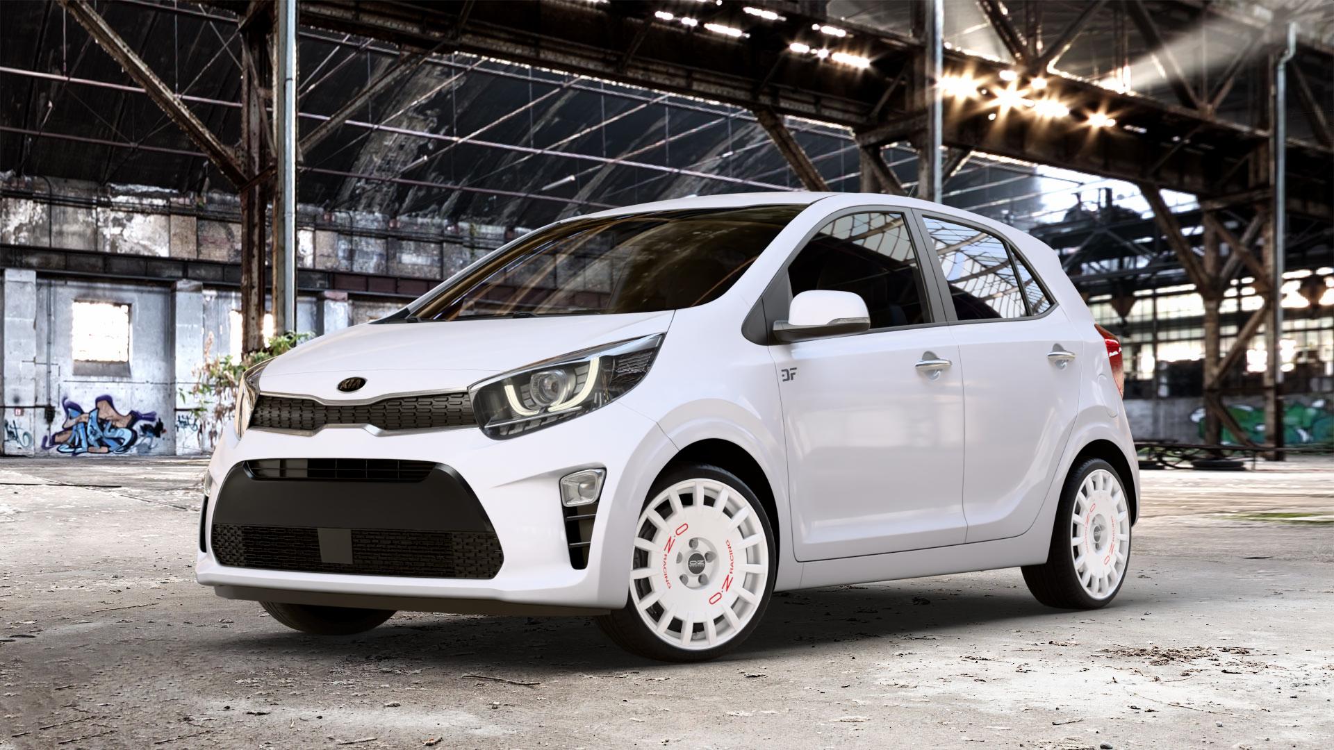 OZ RACING RALLY RACING RACE WHITE + RED LETTERING Felge mit Reifen rot weiss weiß in 17Zoll Winterfelge Alufelge auf weissem Kia Picanto III Typ JA ⬇️ mit 15mm Tieferlegung ⬇️ Old Industrial Hall_max_4400mm_2024 Frontansicht_1
