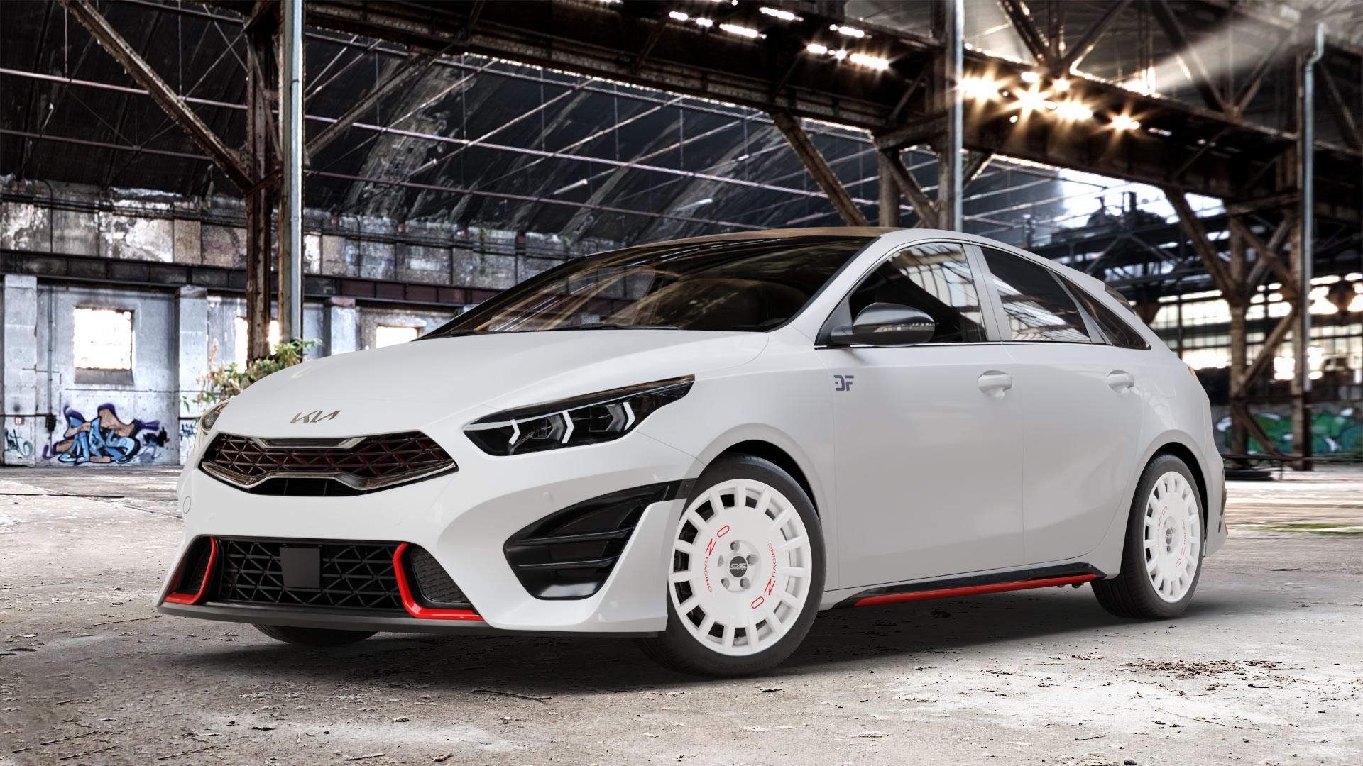 OZ RACING RALLY RACING RACE WHITE + RED LETTERING Felge mit Reifen rot weiss weiß in 17Zoll Winterfelge Alufelge auf weissem Kia ProCeed Typ CD Facelift Pro Cee d ⬇️ mit 15mm Tieferlegung ⬇️ Old Industrial Hall_max_4400mm_2024 Frontansicht_1