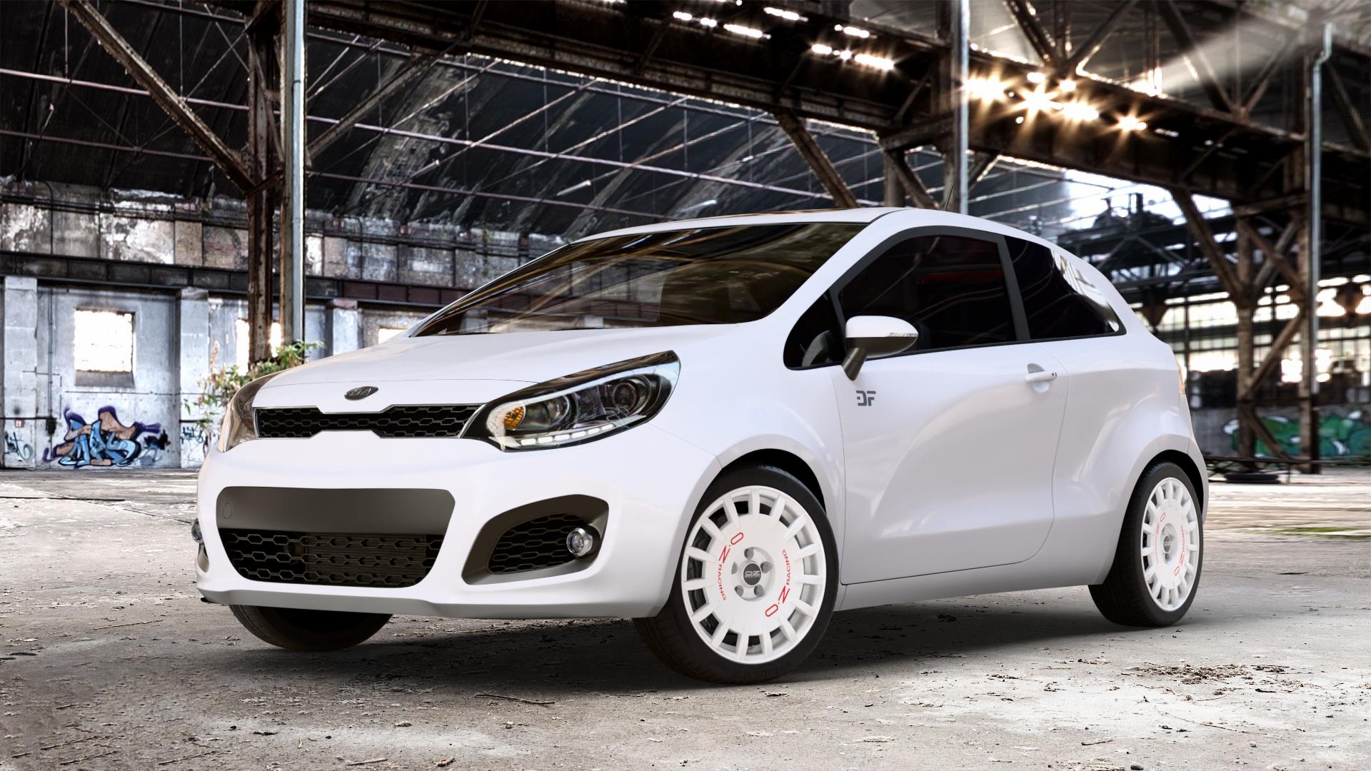 OZ RACING RALLY RACING RACE WHITE + RED LETTERING Felge mit Reifen rot weiss weiß in 17Zoll Winterfelge Alufelge auf weissem Kia Rio III Typ UB ⬇️ mit 15mm Tieferlegung ⬇️ Old Industrial Hall_max_4400mm_2024 Frontansicht_1
