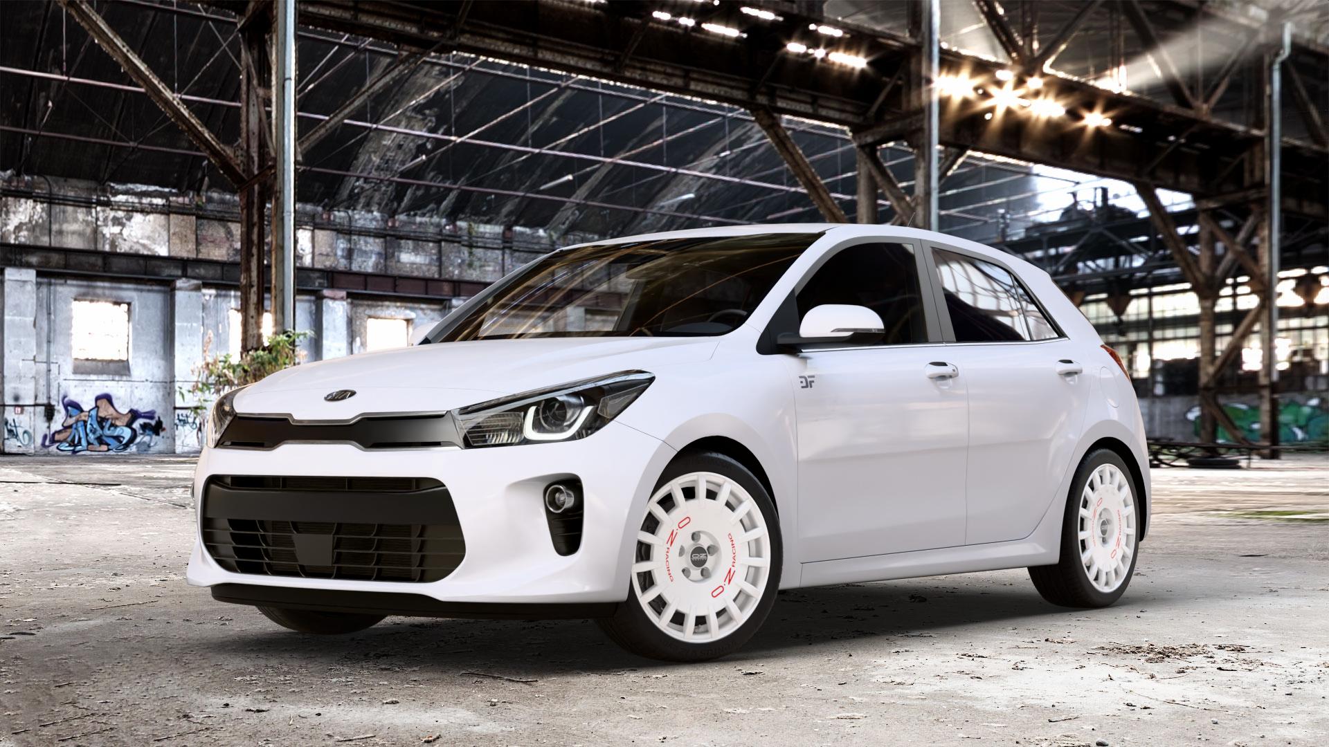 OZ RACING RALLY RACING RACE WHITE + RED LETTERING Felge mit Reifen rot weiss weiß in 17Zoll Winterfelge Alufelge auf weissem Kia Rio IV Typ YB Facelift ⬇️ mit 15mm Tieferlegung ⬇️ Old Industrial Hall_max_4400mm_2024 Frontansicht_1