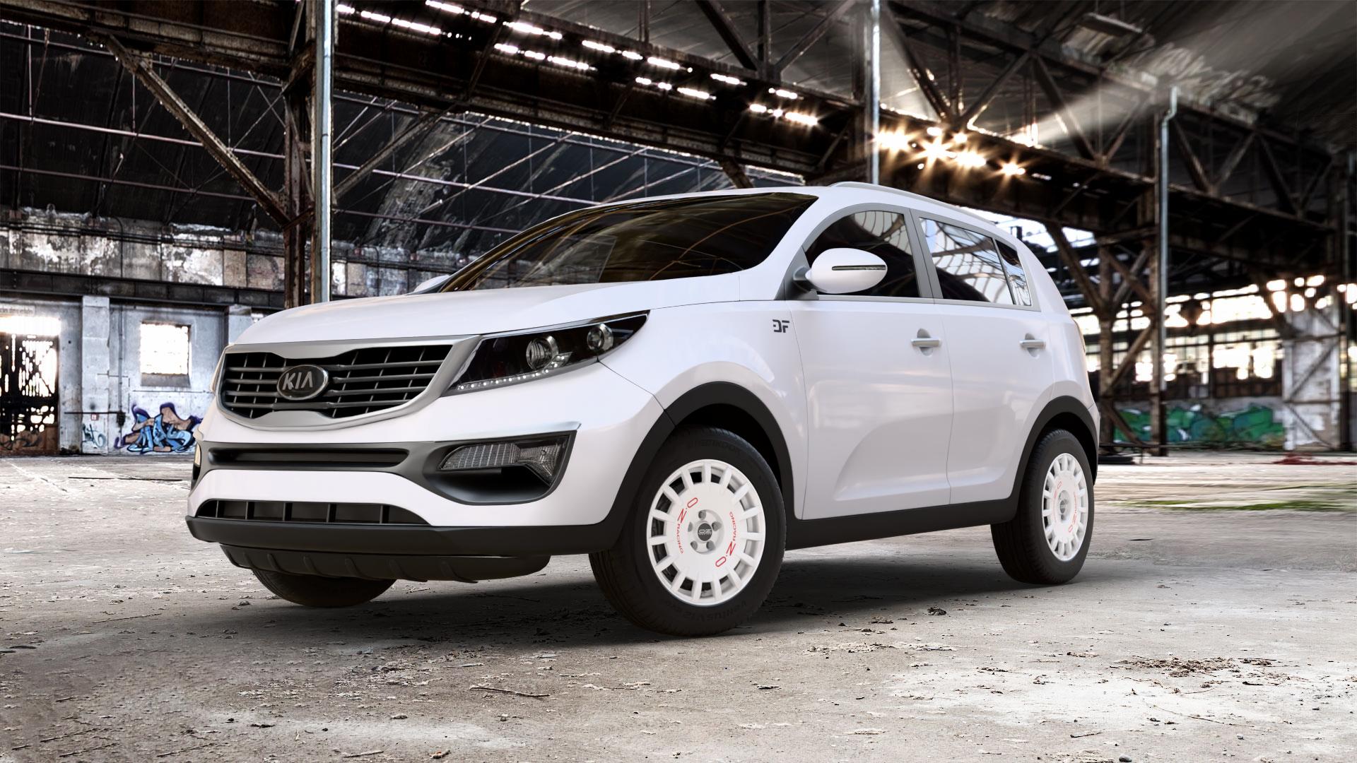 OZ RACING RALLY RACING RACE WHITE + RED LETTERING Felge mit Reifen rot weiss weiß in 17Zoll Winterfelge Alufelge auf weissem Kia Sportage III Typ SL SLS Facelift ⬇️ mit 15mm Tieferlegung ⬇️ Old Industrial Hall_max_5300mm_2024 Frontansicht_1