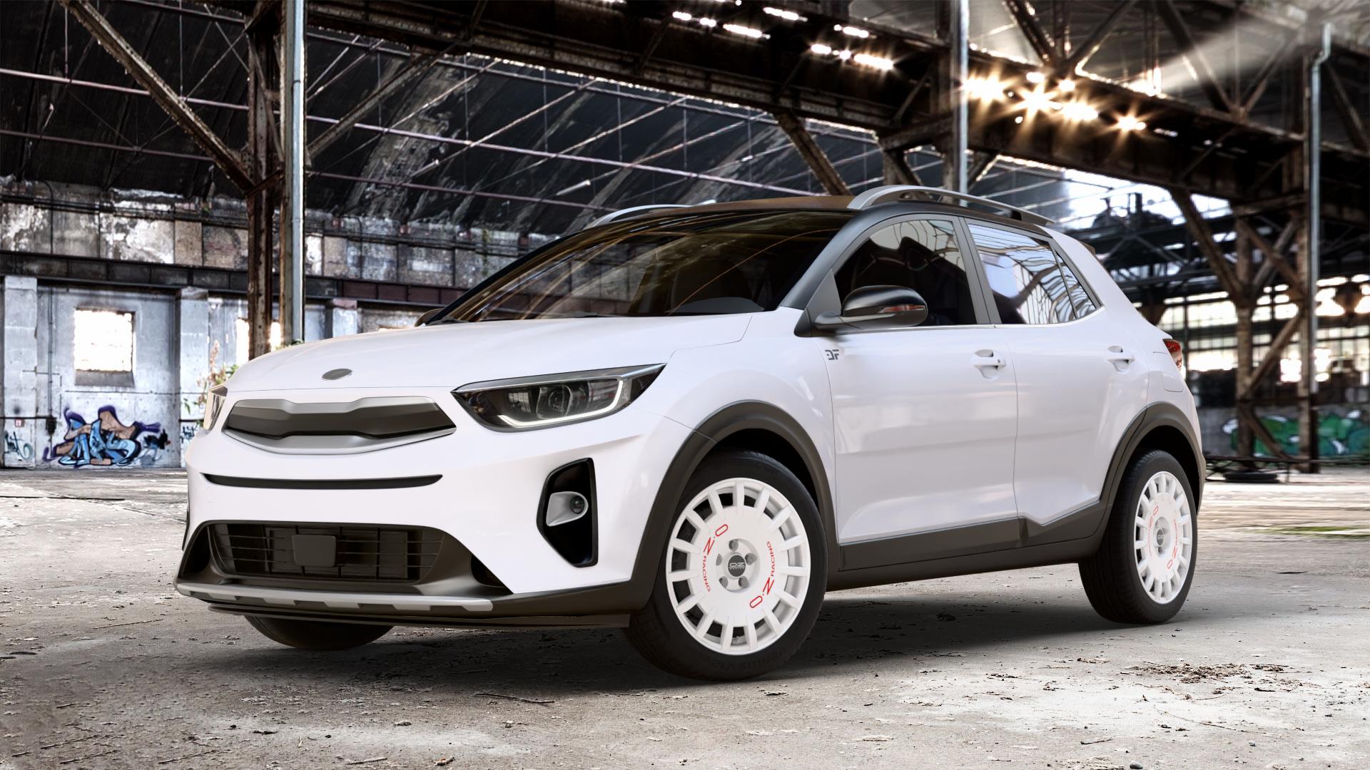 OZ RACING RALLY RACING RACE WHITE + RED LETTERING Felge mit Reifen rot weiss weiß in 17Zoll Winterfelge Alufelge auf weissem Kia Stonic Typ YB ⬇️ mit 15mm Tieferlegung ⬇️ Old Industrial Hall_max_4400mm_2024 Frontansicht_1