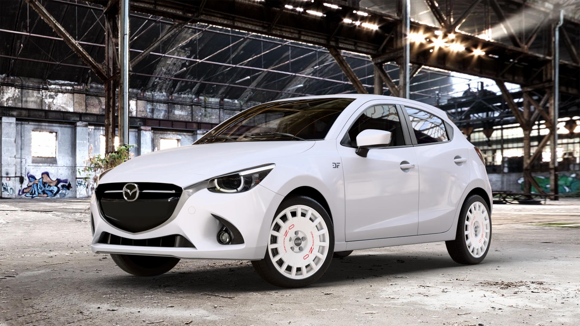 OZ RACING RALLY RACING RACE WHITE + RED LETTERING Felge mit Reifen rot weiss weiß in 17Zoll Winterfelge Alufelge auf weissem Mazda 2 (15-) (DJ) 1,5l SKYACTIV-G 75 55kW (75 PS) 90 66kW (90 115 85kW (116 SKYACTIV-D 105 77kW (105 (20-) Facelift ⬇️ mit 15mm Tieferlegung ⬇️ Old Industrial Hall_max_4400mm_2024 Frontansicht_1