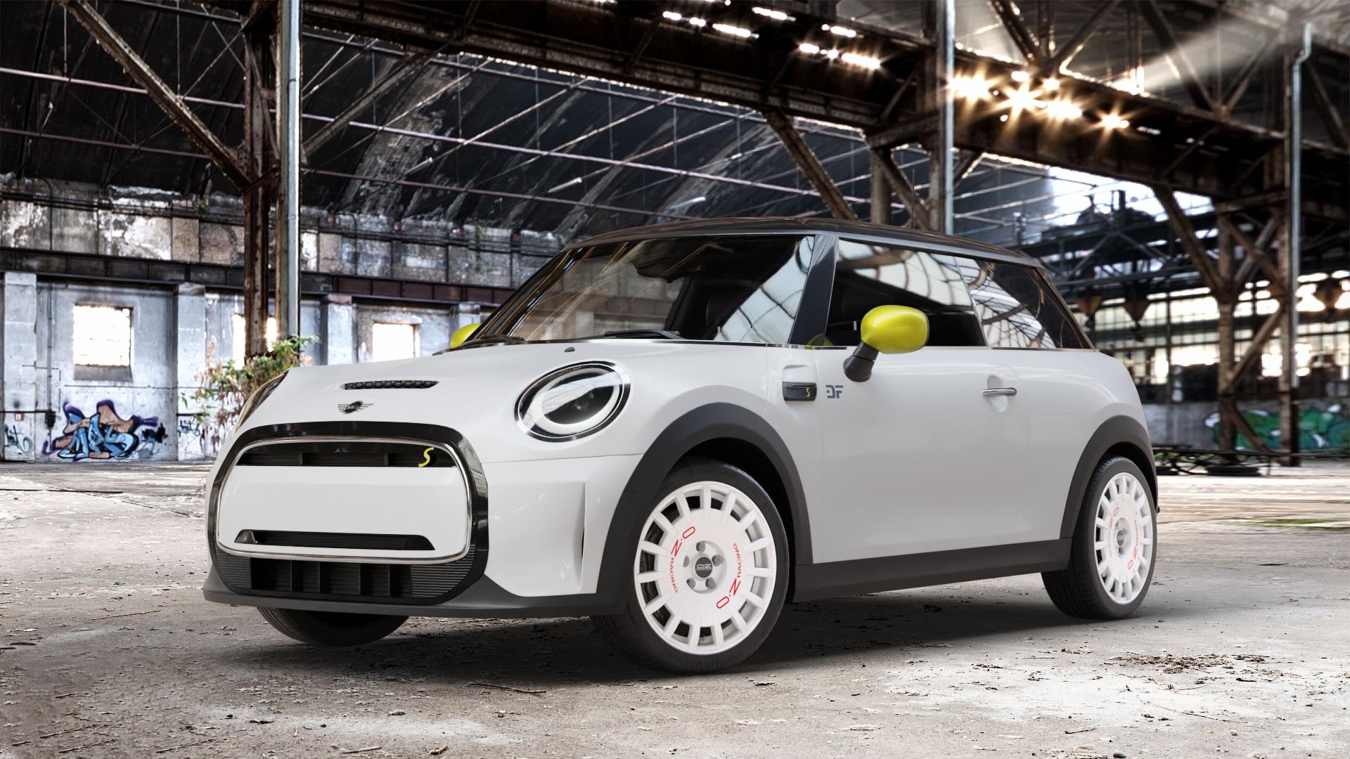 OZ RACING RALLY RACING RACE WHITE + RED LETTERING Felge mit Reifen rot weiss weiß in 17Zoll Winterfelge Alufelge auf weissem Mini F56 Typ FML2E (3-Türer Limousine) Facelift 21-> Limousine ⬇️ mit 15mm Tieferlegung ⬇️ Old Industrial Hall_max_4400mm_2024 Frontansicht_1