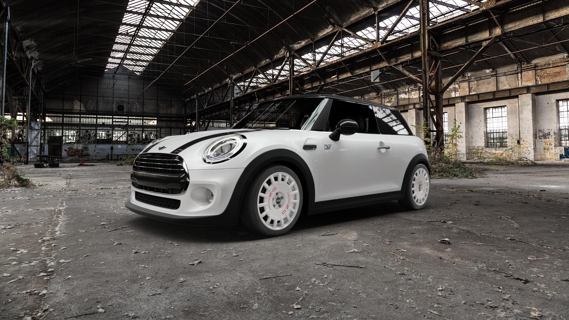 OZ RACING RALLY RACING RACE WHITE + RED LETTERING Felge mit Reifen rot weiss weiß in 17Zoll Winterfelge Alufelge auf weissem Mini F56 Typ UKL-L (3-Türer Limousine) ⬇️ mit 15mm Tieferlegung ⬇️ Old Industrial Hall_max5000mm_2022 Frontansicht_1