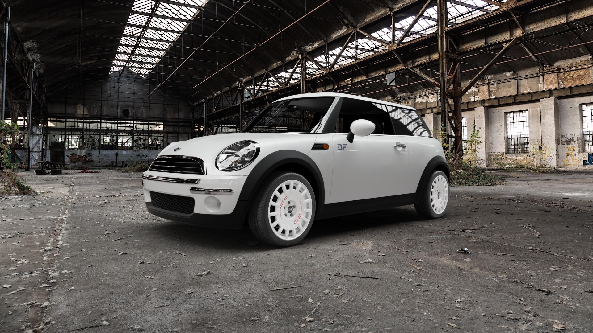 OZ RACING RALLY RACING RACE WHITE + RED LETTERING Felge mit Reifen rot weiss weiß in 17Zoll Winterfelge Alufelge auf weissem Mini R50/53 Typ MINI, MINI-N (Limousine) ⬇️ mit 15mm Tieferlegung ⬇️ Old Industrial Hall_max5000mm_2022 Frontansicht_1