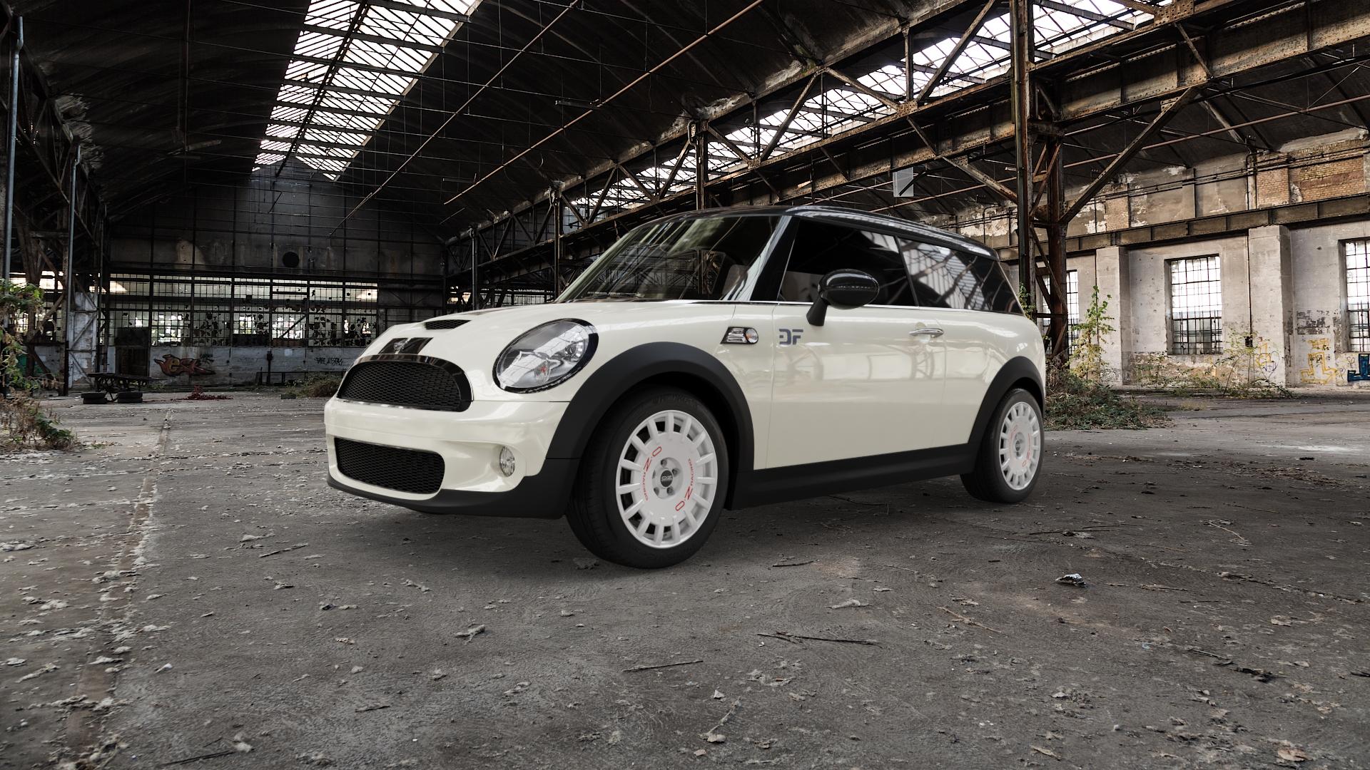 OZ RACING RALLY RACING RACE WHITE + RED LETTERING Felge mit Reifen rot weiss weiß in 17Zoll Winterfelge Alufelge auf weissem Mini R55 Typ UKL-K (Clubman) MINI-N ⬇️ mit 15mm Tieferlegung ⬇️ Old Industrial Hall_max5000mm_2022 Frontansicht_1