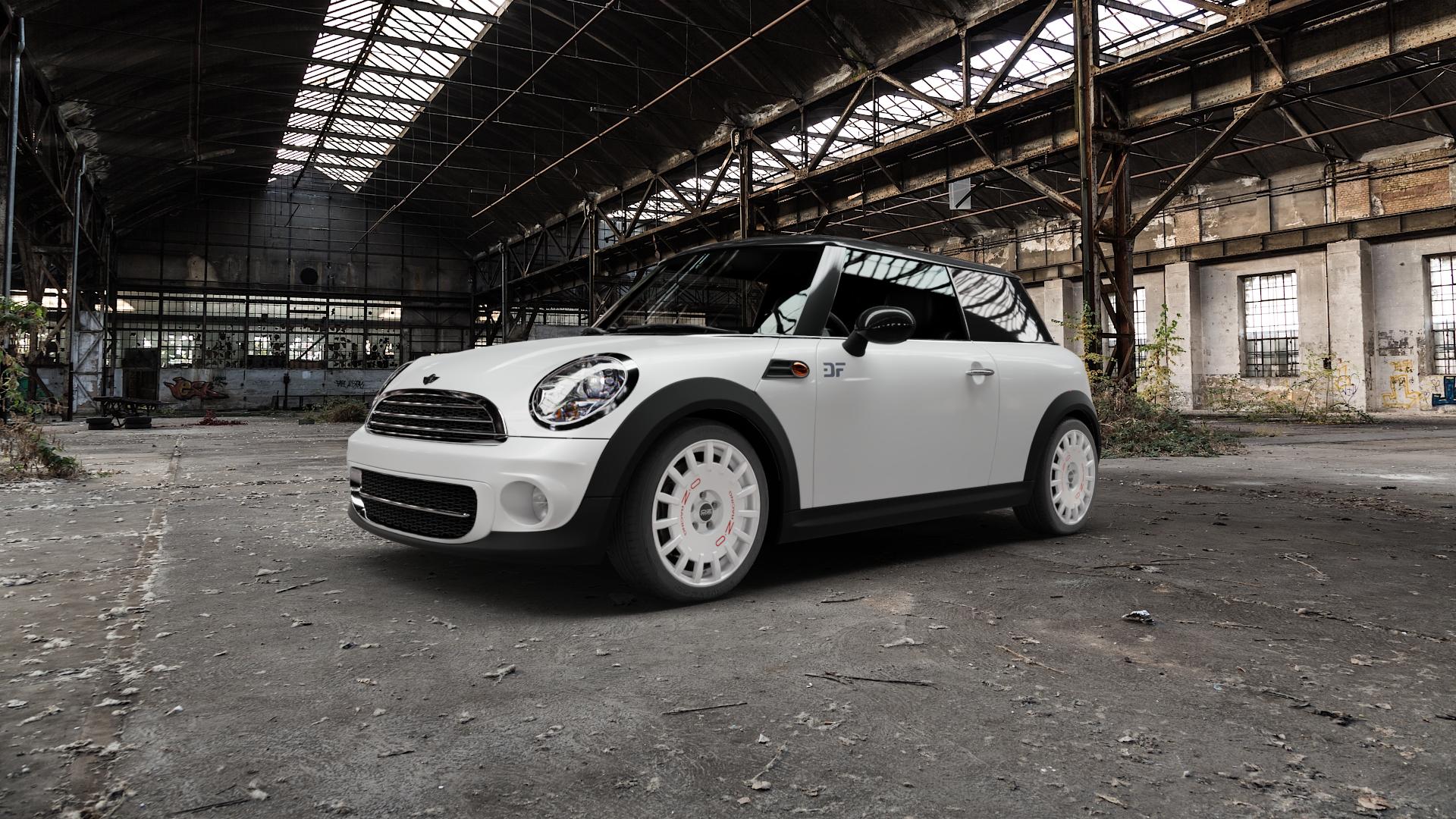 OZ RACING RALLY RACING RACE WHITE + RED LETTERING Felge mit Reifen rot weiss weiß in 17Zoll Winterfelge Alufelge auf weissem Mini R56 Typ UKL-L (Limousine) MINI-N ⬇️ mit 15mm Tieferlegung ⬇️ Old Industrial Hall_max5000mm_2022 Frontansicht_1