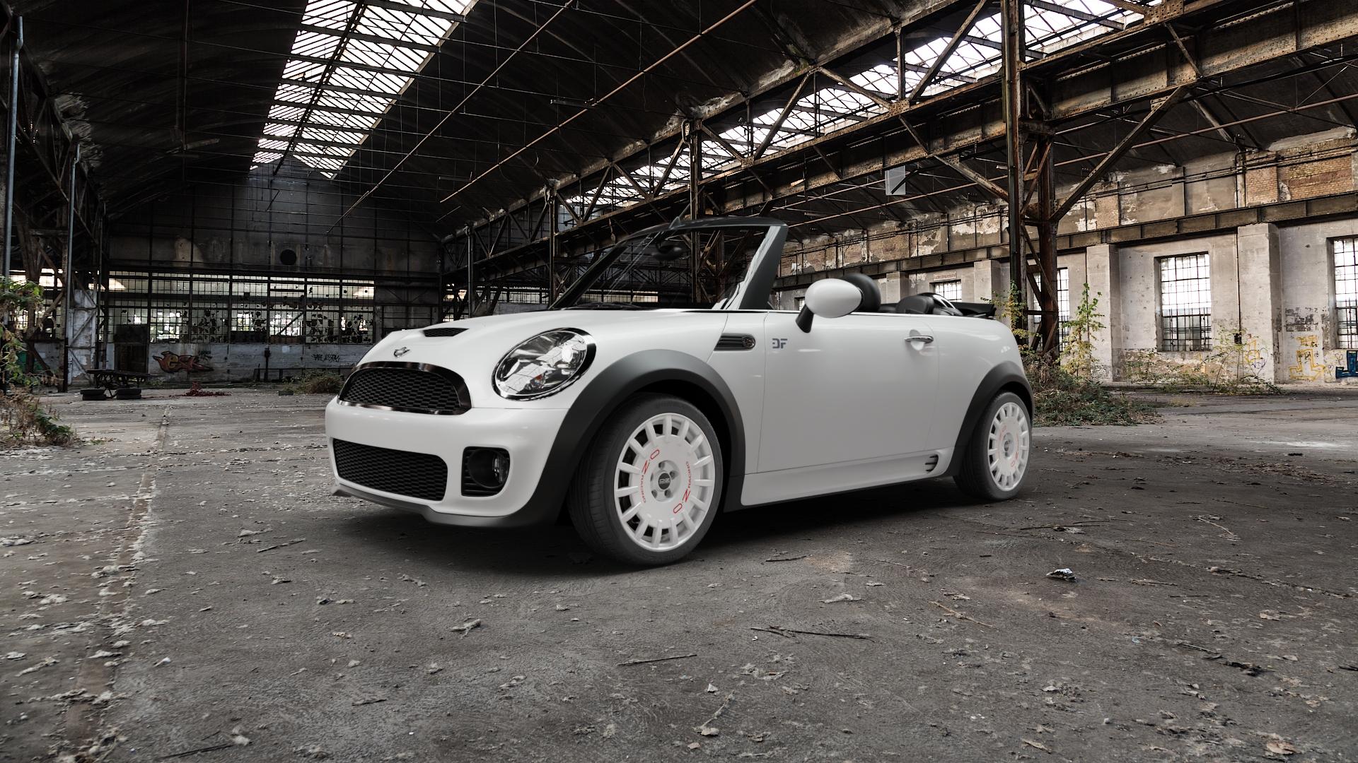 OZ RACING RALLY RACING RACE WHITE + RED LETTERING Felge mit Reifen rot weiss weiß in 17Zoll Winterfelge Alufelge auf weissem Mini R57 Typ UKL-C (Cabriolet) MINI-N ⬇️ mit 15mm Tieferlegung ⬇️ Old Industrial Hall_max5000mm_2022 Frontansicht_1