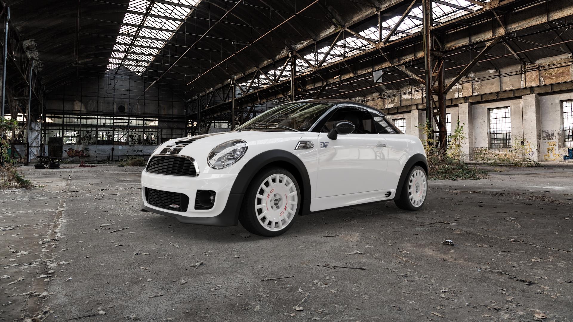 OZ RACING RALLY RACING RACE WHITE + RED LETTERING Felge mit Reifen rot weiss weiß in 17Zoll Winterfelge Alufelge auf weissem Mini R58 Typ UKL-C (Coupe) 1,6l Cooper 90kW (122 PS) S 135kW (184 2,0l SD 105kW (143 JCW 155kW (211 ⬇️ mit 15mm Tieferlegung ⬇️ Old Industrial Hall_max5000mm_2022 Frontansicht_1