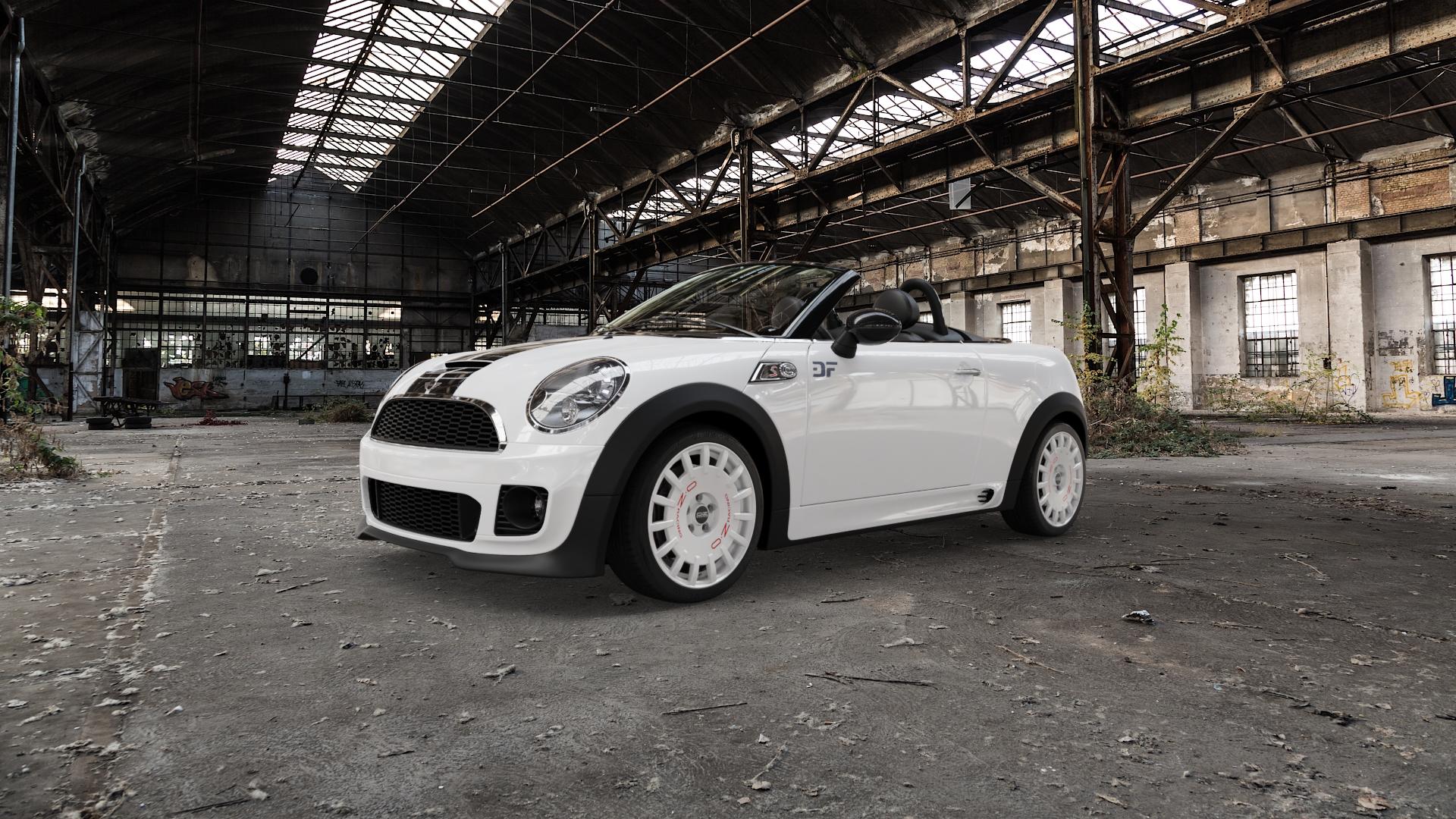 OZ RACING RALLY RACING RACE WHITE + RED LETTERING Felge mit Reifen rot weiss weiß in 17Zoll Winterfelge Alufelge auf weissem Mini R59 Typ UKL-C (Roadster) ⬇️ mit 15mm Tieferlegung ⬇️ Old Industrial Hall_max5000mm_2022 Frontansicht_1