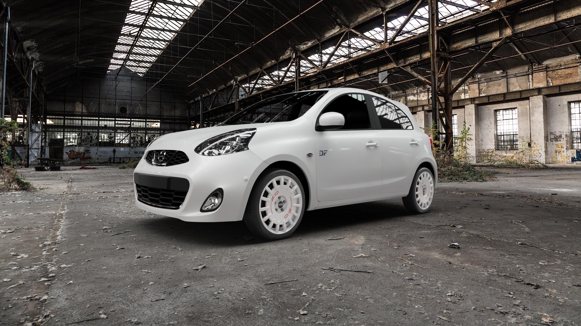 OZ RACING RALLY RACING RACE WHITE + RED LETTERING Felge mit Reifen rot weiss weiß in 17Zoll Winterfelge Alufelge auf weissem Nissan Micra Typ K13 ⬇️ mit 15mm Tieferlegung ⬇️ Old Industrial Hall_max5000mm_2022 Frontansicht_1