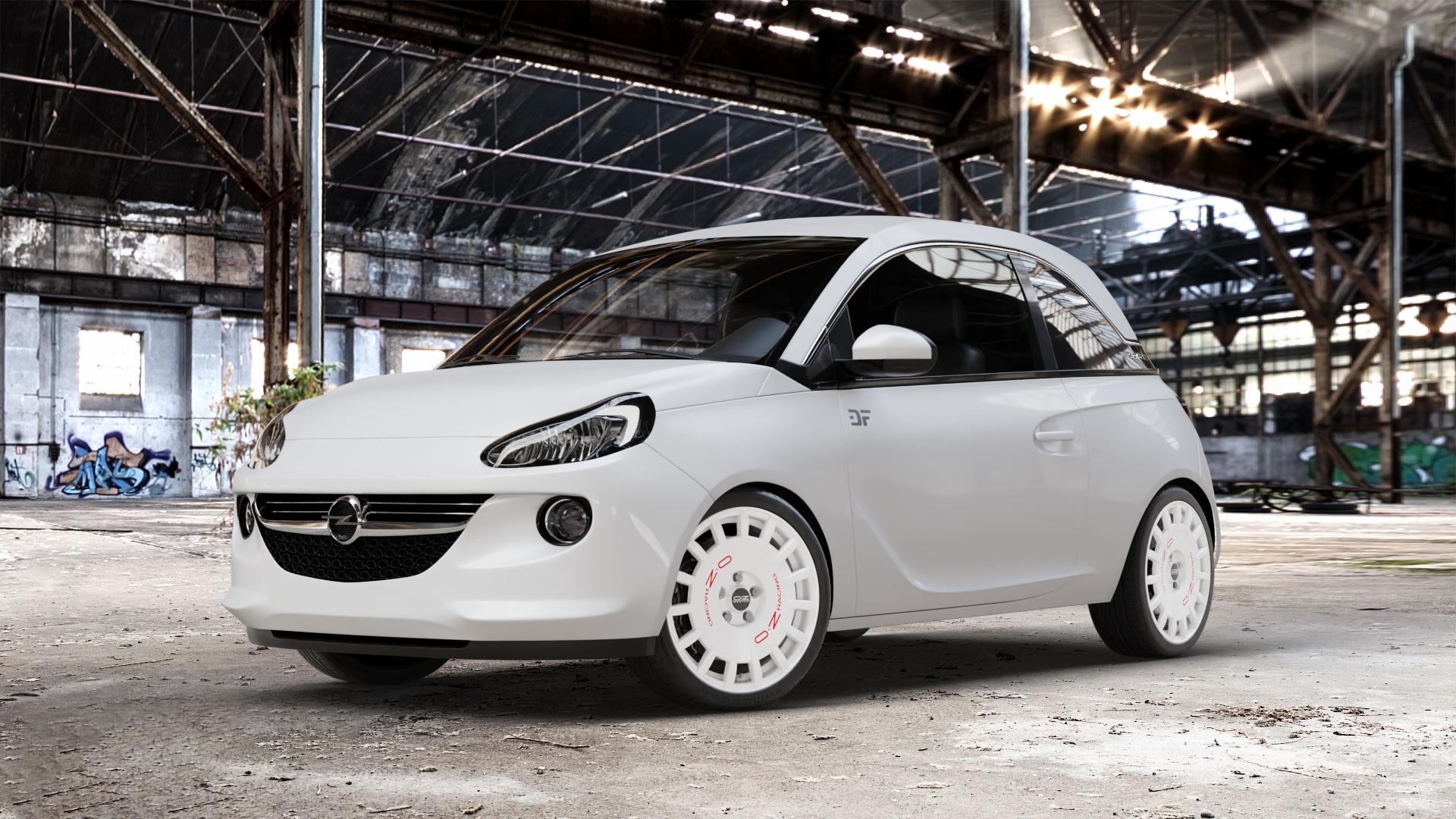 OZ RACING RALLY RACING RACE WHITE + RED LETTERING Felge mit Reifen rot weiss weiß in 17Zoll Winterfelge Alufelge auf weissem Opel Adam ⬇️ mit 15mm Tieferlegung ⬇️ Old Industrial Hall_max_4400mm_2024 Frontansicht_1