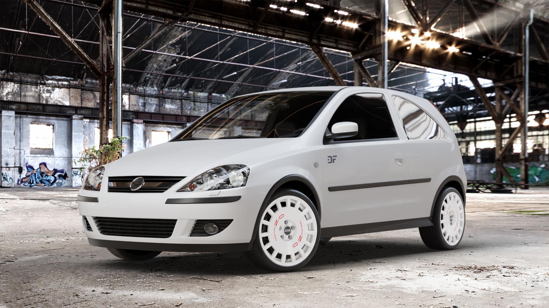 OZ RACING RALLY RACING RACE WHITE + RED LETTERING Felge mit Reifen rot weiss weiß in 17Zoll Winterfelge Alufelge auf weissem Opel Corsa C Typ CORSA-C ⬇️ mit 15mm Tieferlegung ⬇️ Old Industrial Hall_max_4400mm_2024 Frontansicht_1
