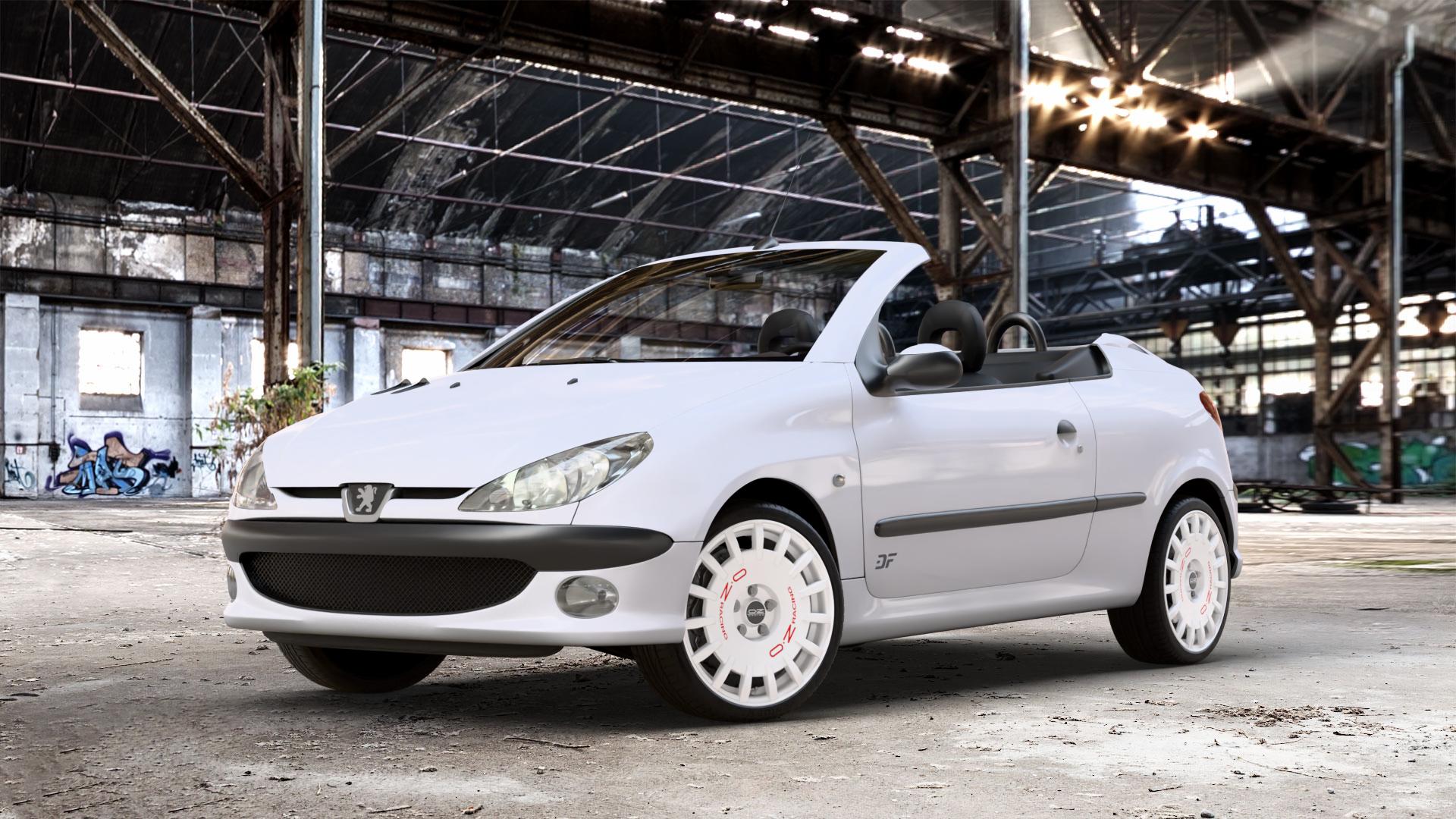 OZ RACING RALLY RACING RACE WHITE + RED LETTERING Felge mit Reifen rot weiss weiß in 17Zoll Winterfelge Alufelge auf weissem Peugeot 206 CC 1,6l HDi FAP 80kW (109 PS) 16V 2,0l 100kW (136 ⬇️ mit 15mm Tieferlegung ⬇️ Old Industrial Hall_max_4400mm_2024 Frontansicht_1