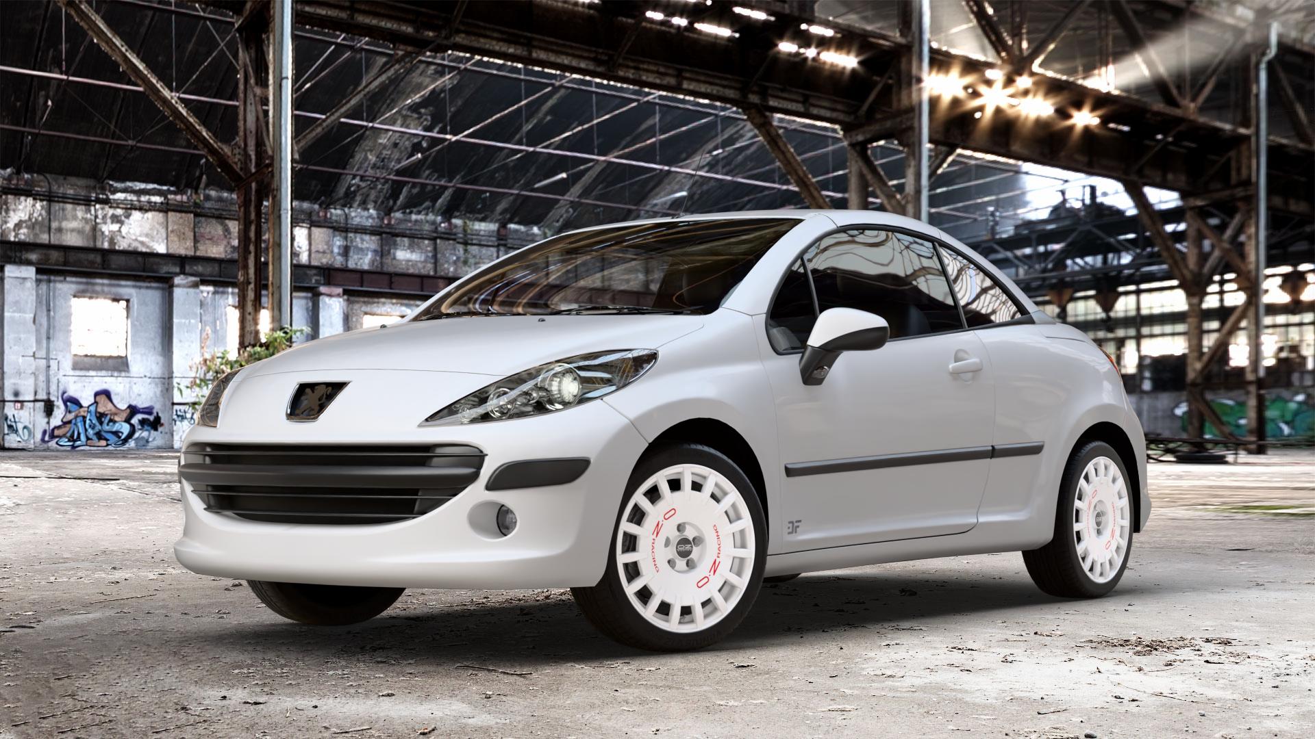 OZ RACING RALLY RACING RACE WHITE + RED LETTERING Felge mit Reifen rot weiss weiß in 17Zoll Winterfelge Alufelge auf weissem Peugeot 207 CC ⬇️ mit 15mm Tieferlegung ⬇️ Old Industrial Hall_max_4400mm_2024 Frontansicht_1