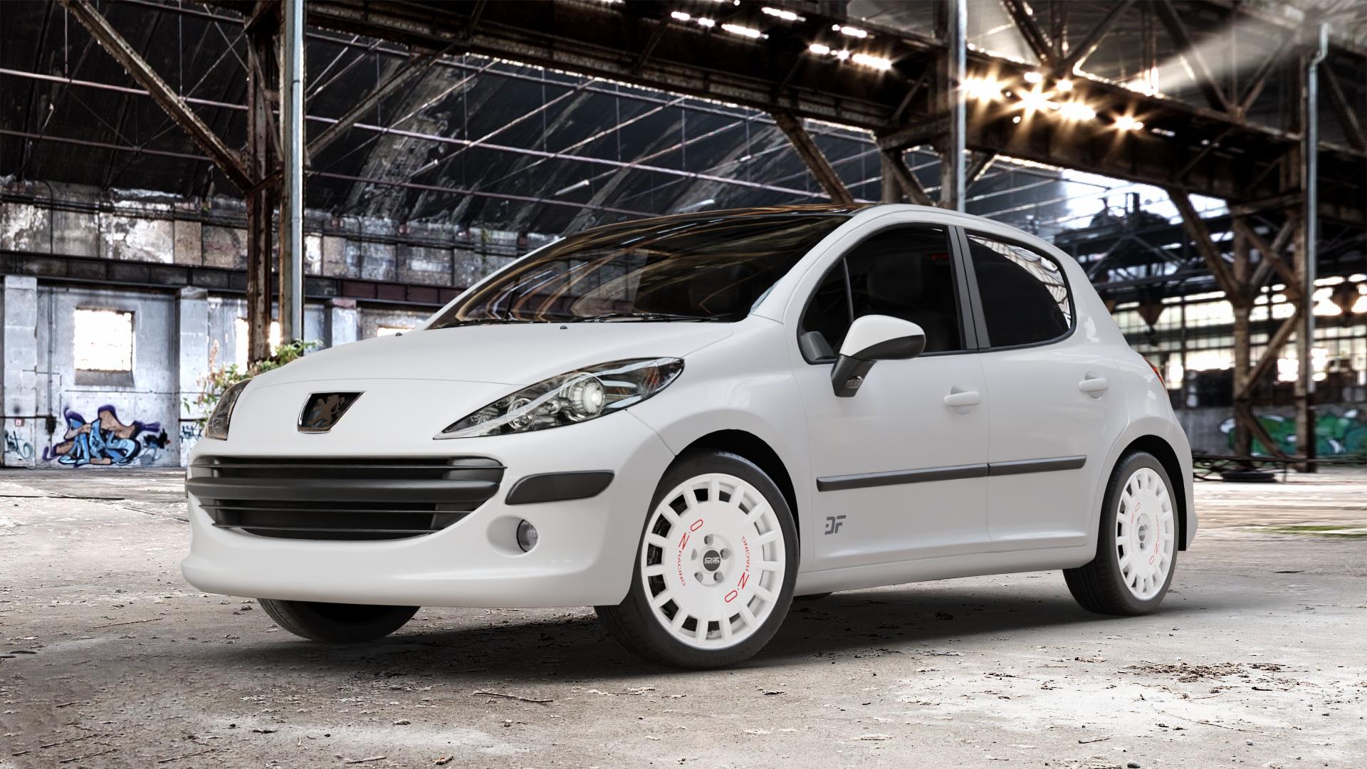 OZ RACING RALLY RACING RACE WHITE + RED LETTERING Felge mit Reifen rot weiss weiß in 17Zoll Winterfelge Alufelge auf weissem Peugeot 207 SW Facelift ⬇️ mit 15mm Tieferlegung ⬇️ Old Industrial Hall_max_4400mm_2024 Frontansicht_1