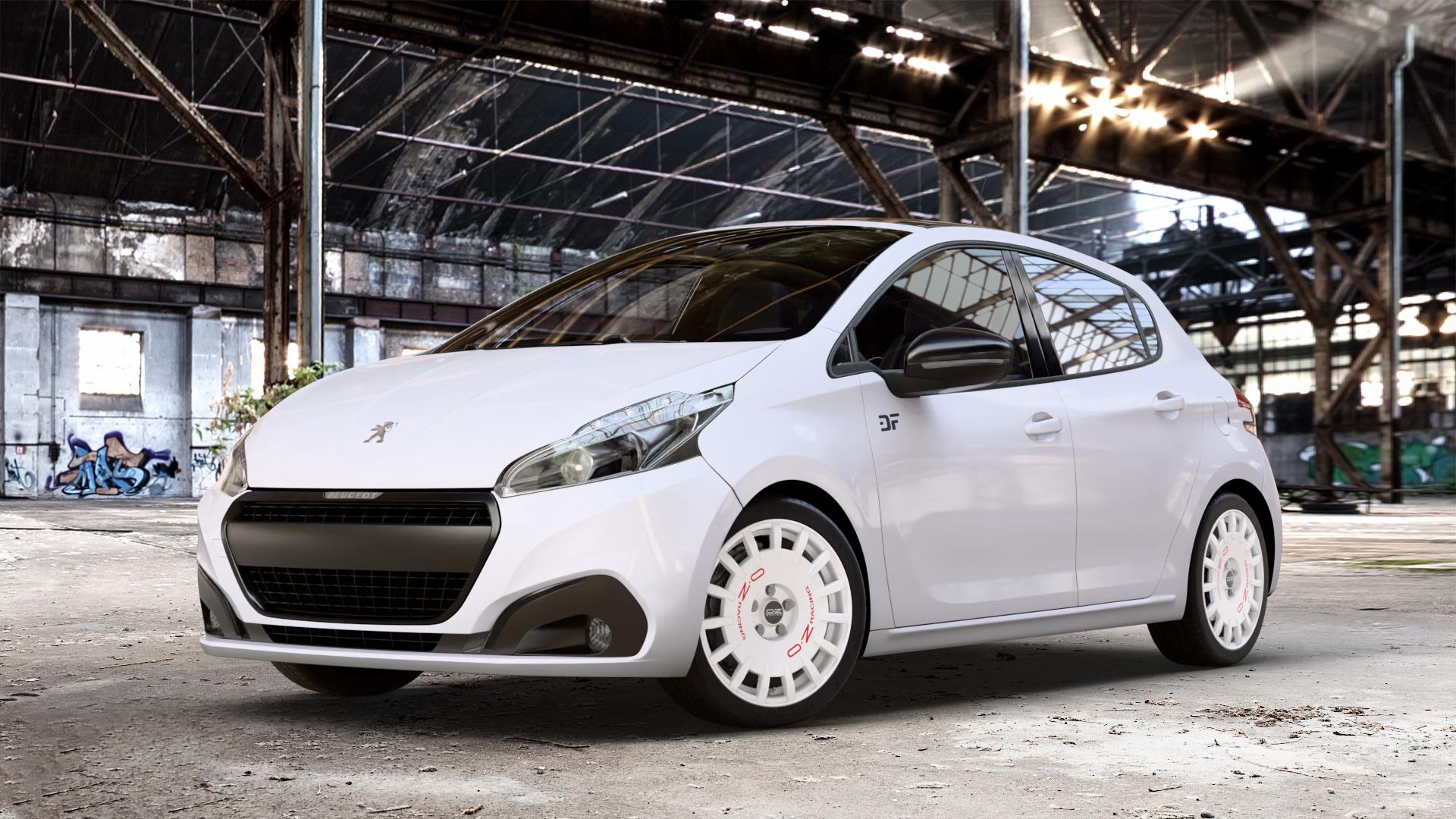 OZ RACING RALLY RACING RACE WHITE + RED LETTERING Felge mit Reifen rot weiss weiß in 17Zoll Winterfelge Alufelge auf weissem Peugeot 208 Typ C Facelift ⬇️ mit 15mm Tieferlegung ⬇️ Old Industrial Hall_max_4400mm_2024 Frontansicht_1