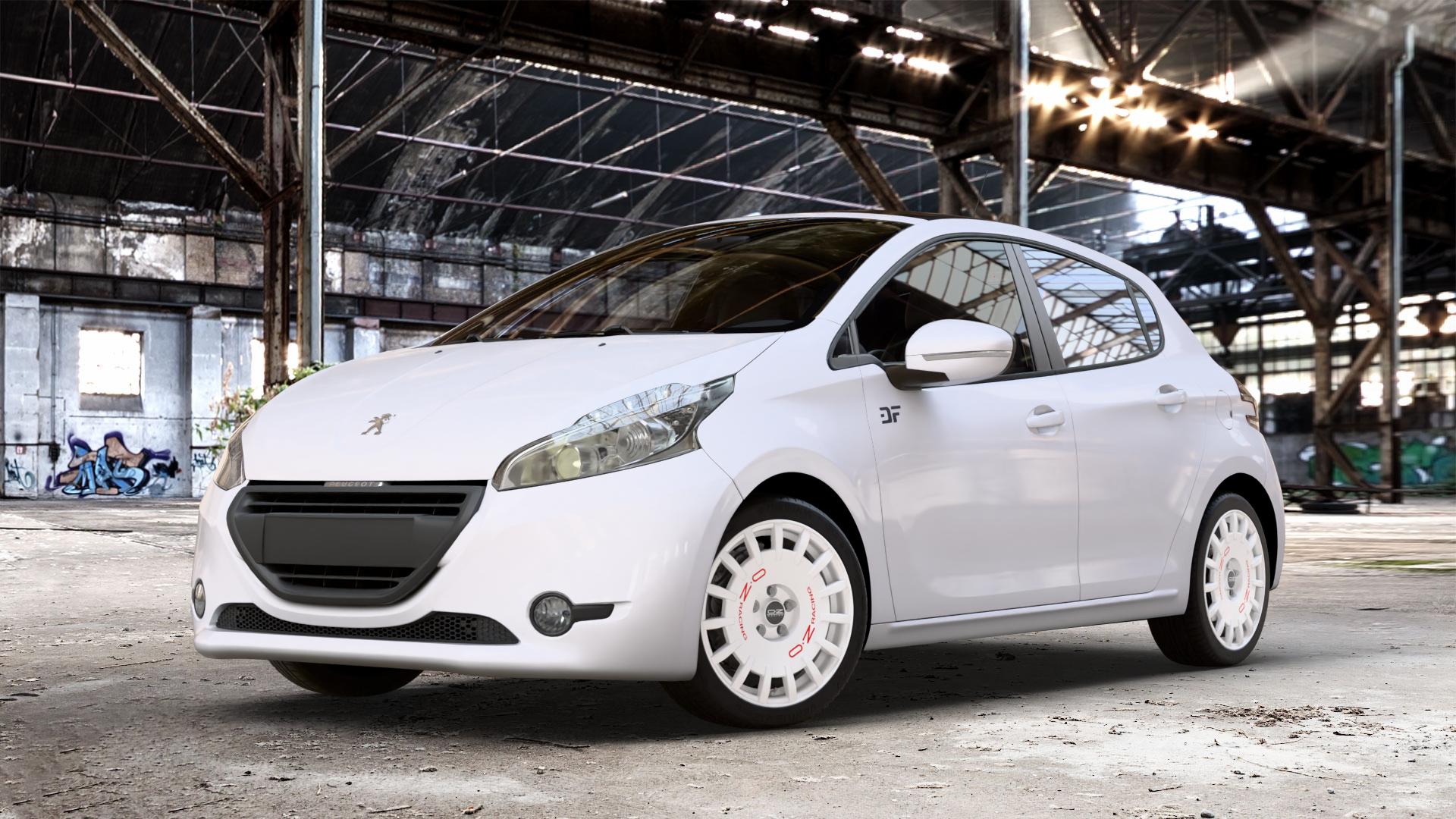 OZ RACING RALLY RACING RACE WHITE + RED LETTERING Felge mit Reifen rot weiss weiß in 17Zoll Winterfelge Alufelge auf weissem Peugeot 208 Typ C ⬇️ mit 15mm Tieferlegung ⬇️ Old Industrial Hall_max_4400mm_2024 Frontansicht_1