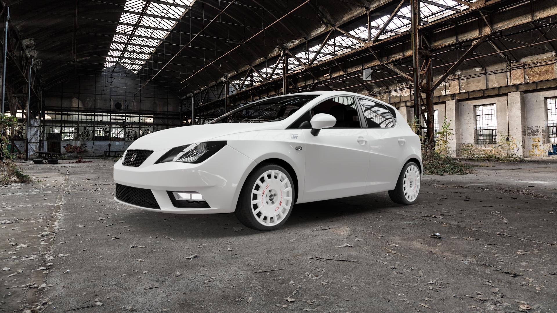 OZ RACING RALLY RACING RACE WHITE + RED LETTERING Felge mit Reifen rot weiss weiß in 17Zoll Winterfelge Alufelge auf weissem Seat Ibiza IV Typ 6J Facelift ⬇️ mit 15mm Tieferlegung ⬇️ Old Industrial Hall_max5000mm_2022 Frontansicht_1