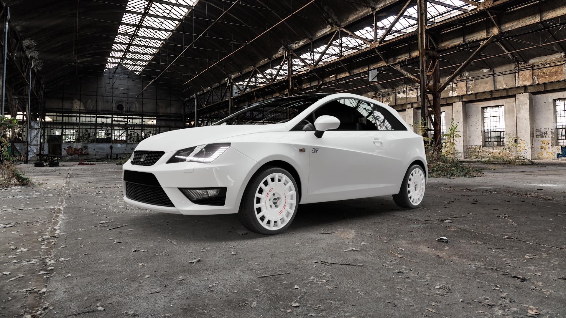 OZ RACING RALLY RACING RACE WHITE + RED LETTERING Felge mit Reifen rot weiss weiß in 17Zoll Winterfelge Alufelge auf weissem Seat Ibiza IV Typ 6J SC Facelift ⬇️ mit 15mm Tieferlegung ⬇️ Old Industrial Hall_max5000mm_2022 Frontansicht_1