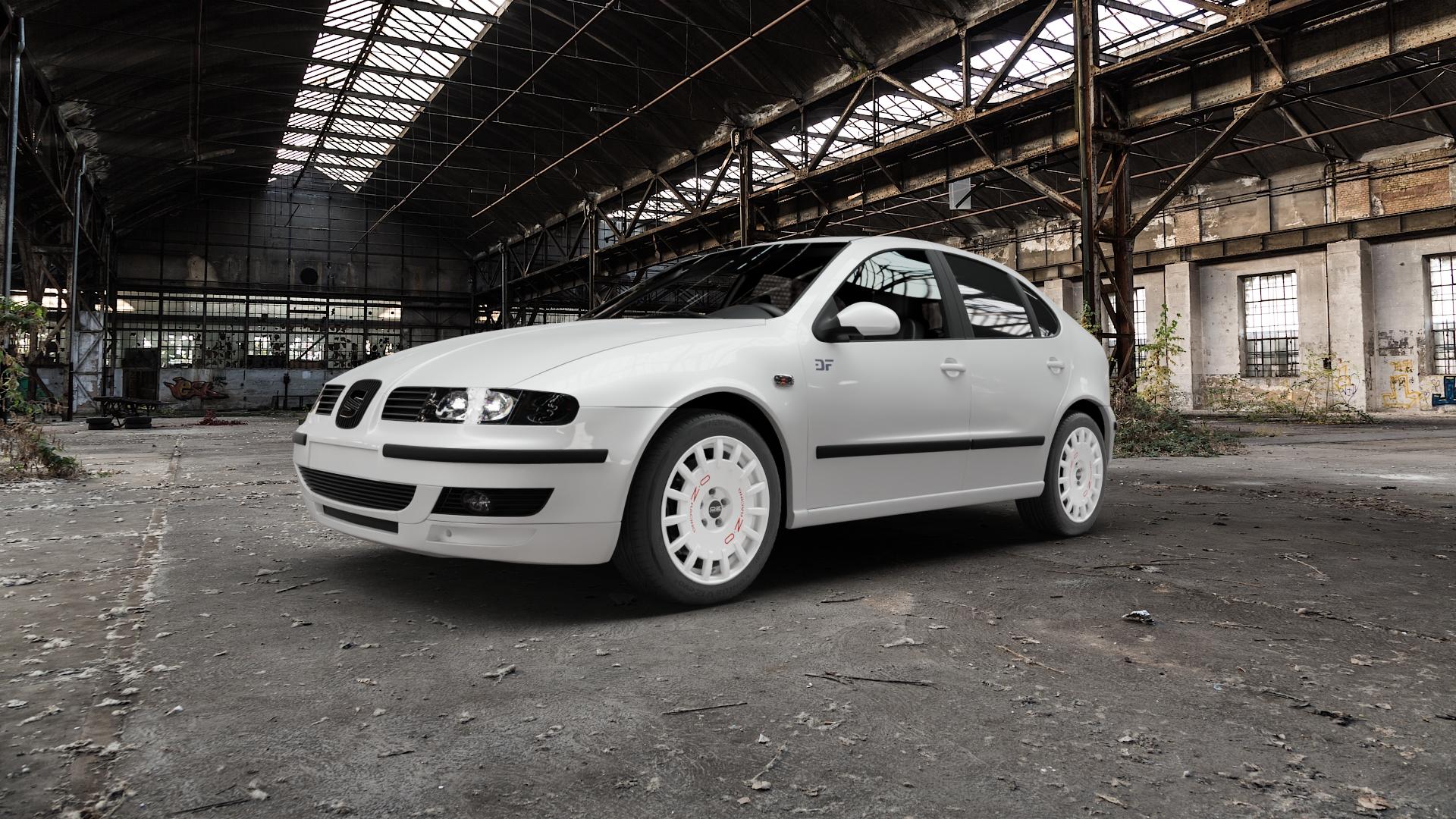 OZ RACING RALLY RACING RACE WHITE + RED LETTERING Felge mit Reifen rot weiss weiß in 17Zoll Winterfelge Alufelge auf weissem Seat Leon Typ 1M ⬇️ mit 15mm Tieferlegung ⬇️ Old Industrial Hall_max5000mm_2022 Frontansicht_1