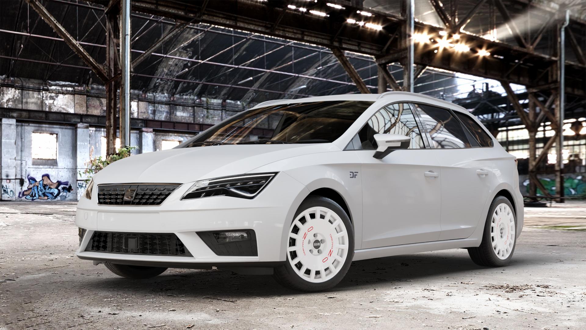 OZ RACING RALLY RACING RACE WHITE + RED LETTERING Felge mit Reifen rot weiss weiß in 17Zoll Winterfelge Alufelge auf weissem Seat Leon Typ 5F ST Facelift ⬇️ mit 15mm Tieferlegung ⬇️ Old Industrial Hall_max_4400mm_2024 Frontansicht_1