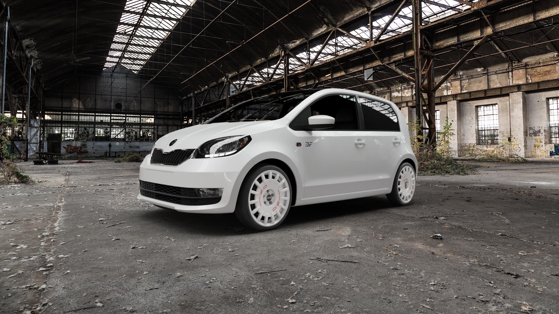 OZ RACING RALLY RACING RACE WHITE + RED LETTERING Felge mit Reifen rot weiss weiß in 17Zoll Winterfelge Alufelge auf weissem Skoda Citigo Typ AA Facelift ⬇️ mit 15mm Tieferlegung ⬇️ Old Industrial Hall_max5000mm_2022 Frontansicht_1
