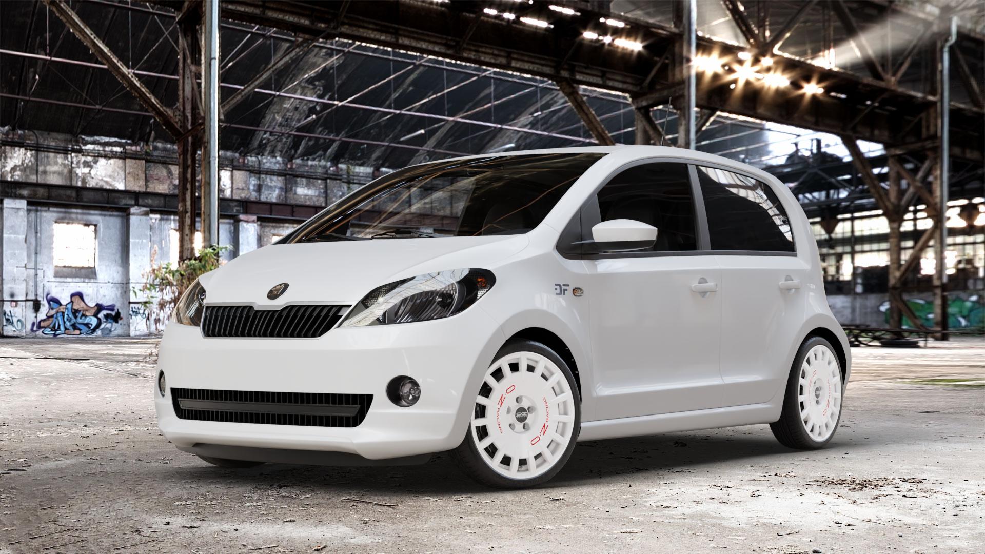 OZ RACING RALLY RACING RACE WHITE + RED LETTERING Felge mit Reifen rot weiss weiß in 17Zoll Winterfelge Alufelge auf weissem Skoda Citigo Typ AA ⬇️ mit 15mm Tieferlegung ⬇️ Old Industrial Hall_max_4400mm_2024 Frontansicht_1