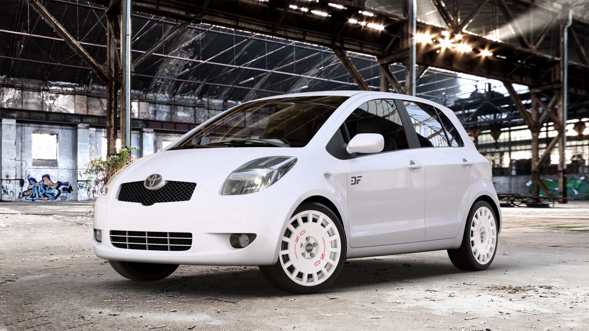 OZ RACING RALLY RACING RACE WHITE + RED LETTERING Felge mit Reifen rot weiss weiß in 17Zoll Winterfelge Alufelge auf weissem Toyota Yaris II Typ XP9F ⬇️ mit 15mm Tieferlegung ⬇️ Old Industrial Hall_max_4400mm_2024 Frontansicht_1