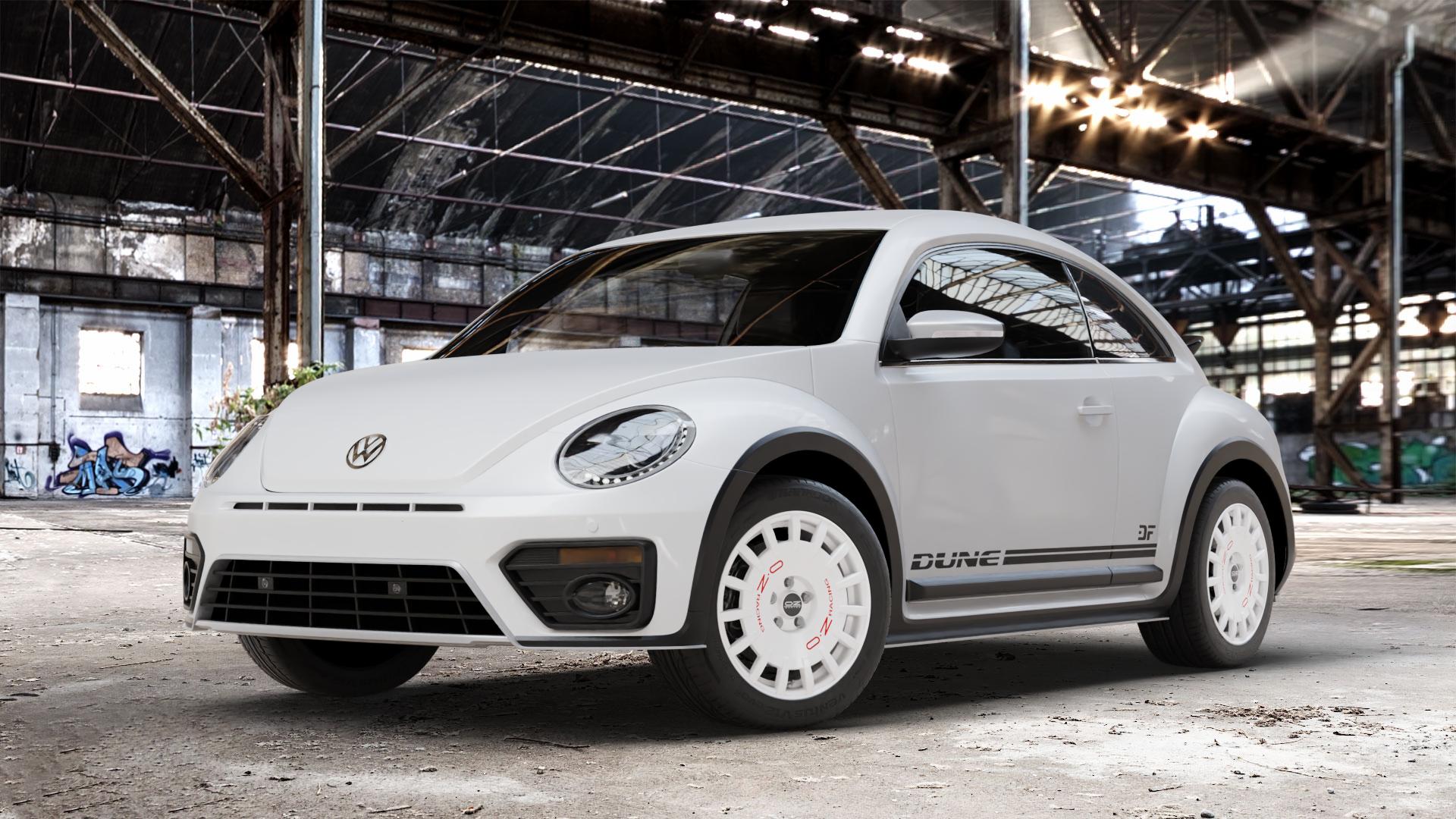 OZ RACING RALLY RACING RACE WHITE + RED LETTERING Felge mit Reifen rot weiss weiß in 17Zoll Winterfelge Alufelge auf weissem Volkswagen (VW) Beetle Dune Typ 16 ⬇️ mit 15mm Tieferlegung ⬇️ Old Industrial Hall_max_4400mm_2024 Frontansicht_1