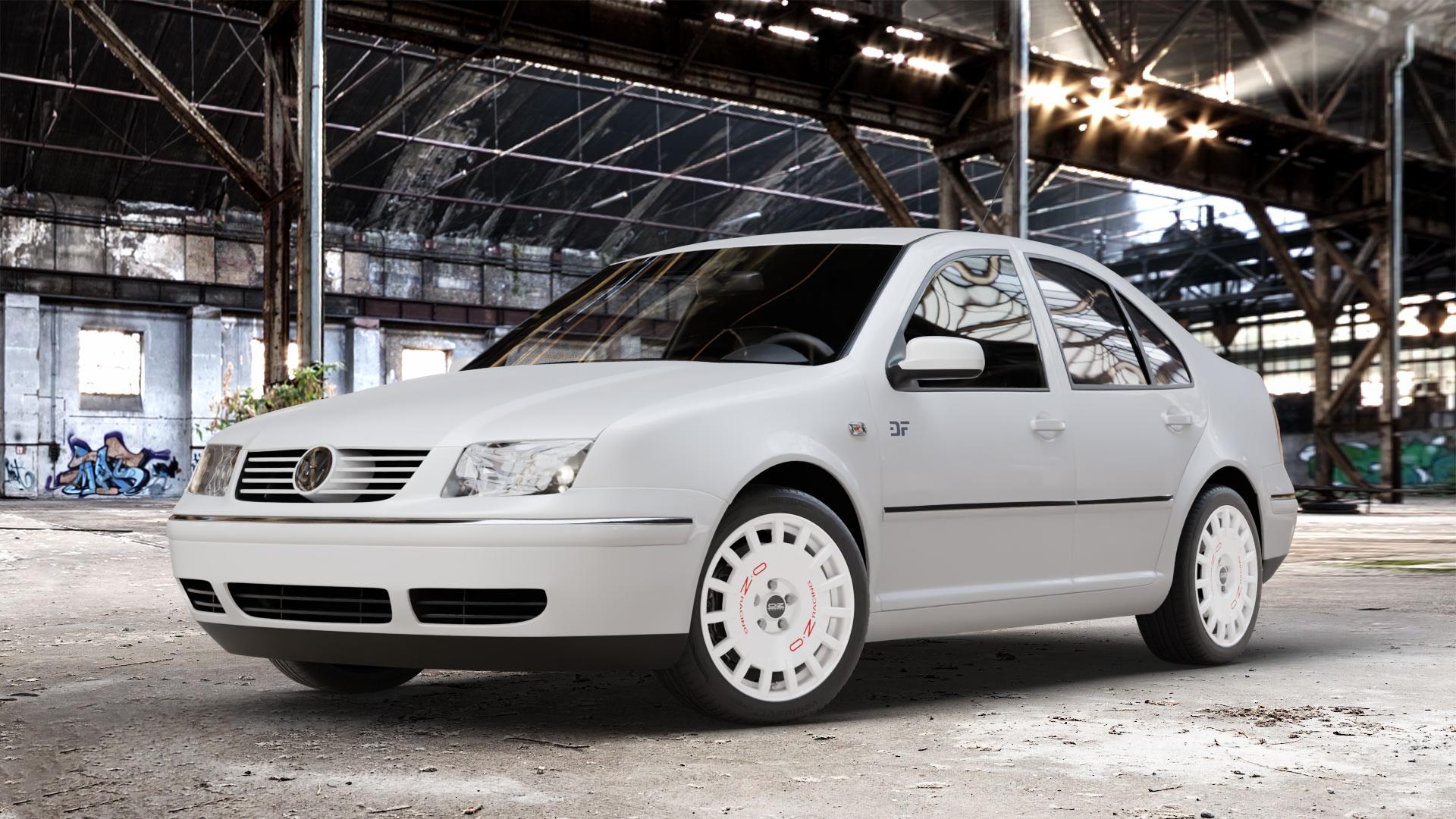 OZ RACING RALLY RACING RACE WHITE + RED LETTERING Felge mit Reifen rot weiss weiß in 17Zoll Winterfelge Alufelge auf weissem Volkswagen (VW) Bora Variant ⬇️ mit 15mm Tieferlegung ⬇️ Old Industrial Hall_max_4400mm_2024 Frontansicht_1