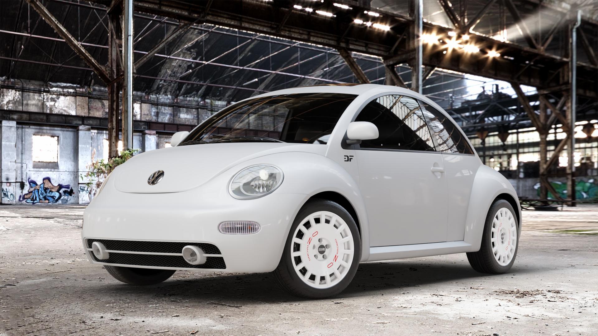 OZ RACING RALLY RACING RACE WHITE + RED LETTERING Felge mit Reifen rot weiss weiß in 17Zoll Winterfelge Alufelge auf weissem Volkswagen (VW) New Beetle Typ 9C ⬇️ mit 15mm Tieferlegung ⬇️ Old Industrial Hall_max_4400mm_2024 Frontansicht_1