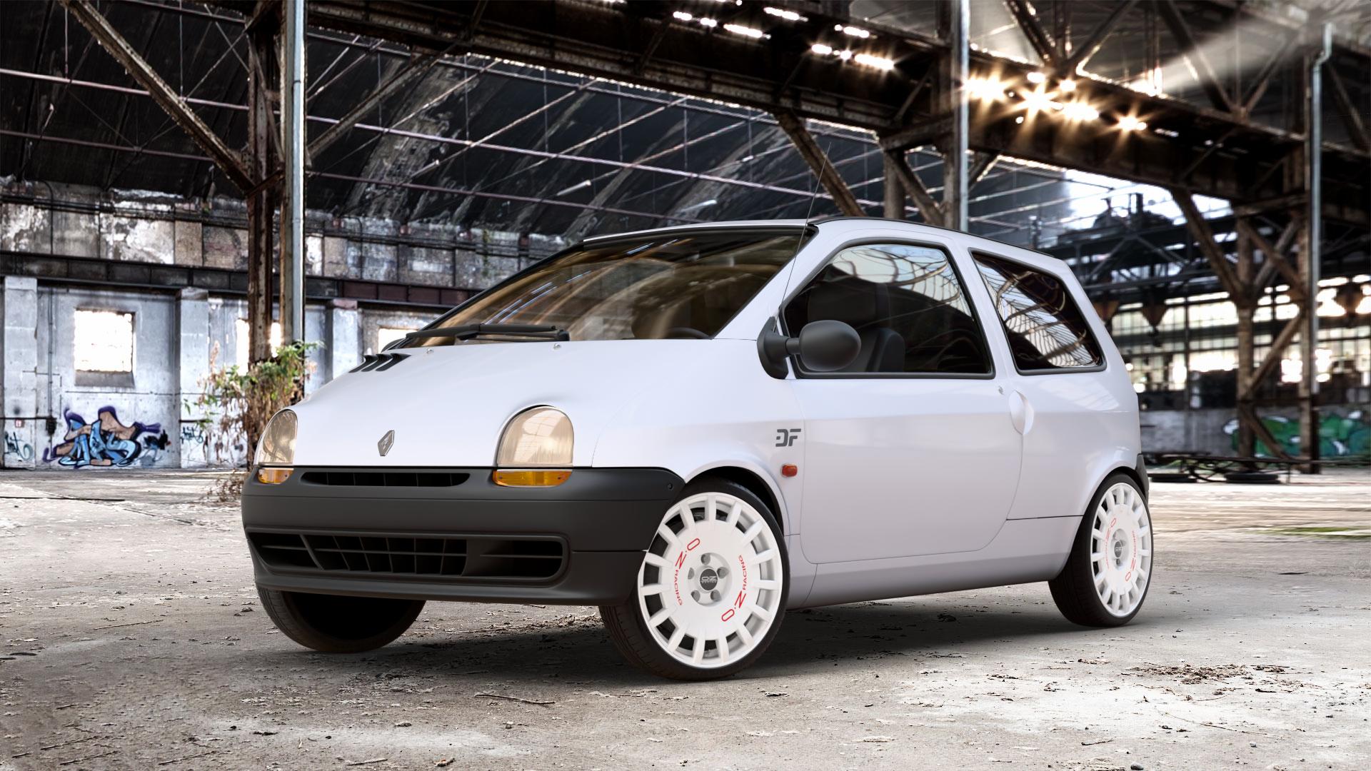 OZ RACING RALLY RACING RACE WHITE + RED LETTERING Felge mit Reifen rot weiss weiß in 17Zoll Winterfelge Alufelge auf weissen Renault Twingo I Typ C06 ⬇️ mit 15mm Tieferlegung ⬇️ Old Industrial Hall_max_4400mm_2024 Frontansicht_1