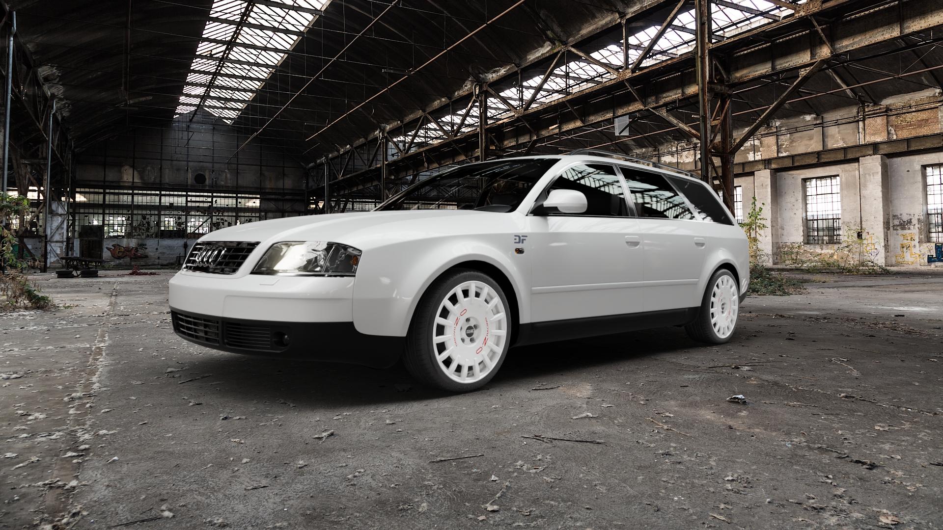 OZ RACING RALLY RACING RACE WHITE + RED LETTERING Felge mit Reifen rot weiss weiß in 18Zoll Winterfelge Alufelge auf weissem Audi A6 Typ 4B/C5 (Avant) ⬇️ mit 15mm Tieferlegung ⬇️ Old Industrial Hall_max5000mm_2022 Frontansicht_1