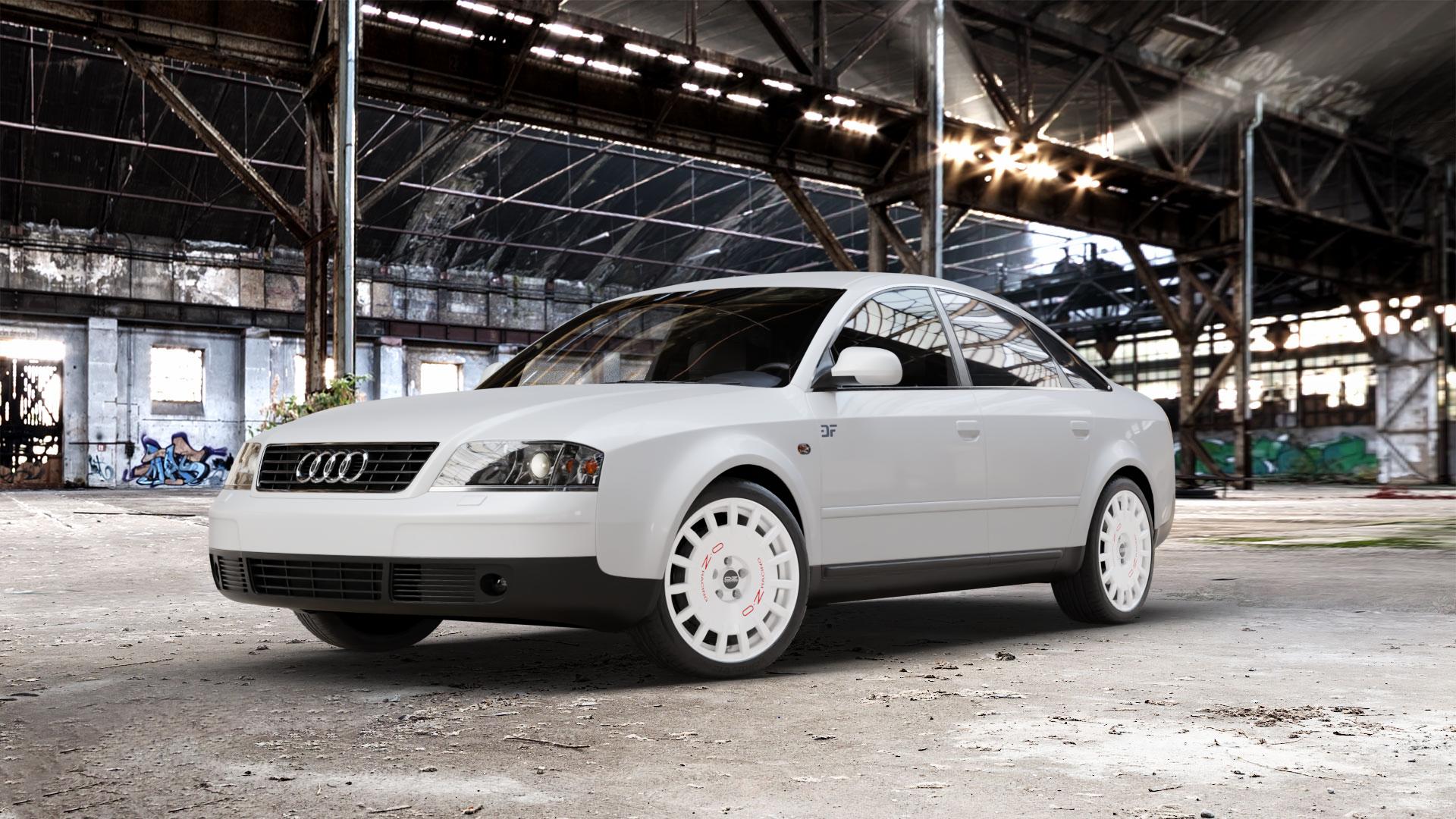 OZ RACING RALLY RACING RACE WHITE + RED LETTERING Felge mit Reifen rot weiss weiß in 18Zoll Winterfelge Alufelge auf weissem Audi A6 Typ 4B/C5 (Limousine) ⬇️ mit 15mm Tieferlegung ⬇️ Old Industrial Hall_max_5300mm_2024 Frontansicht_1