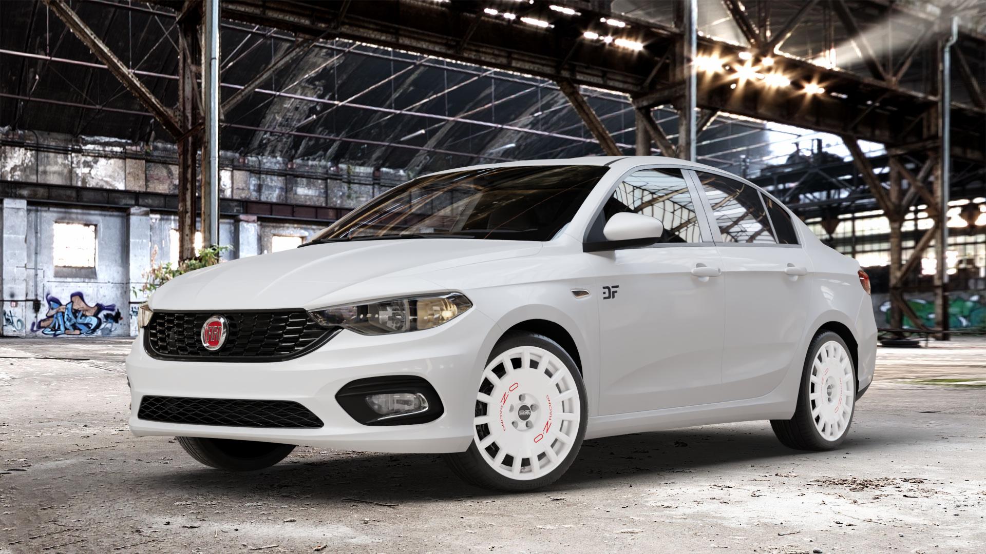 OZ RACING RALLY RACING RACE WHITE + RED LETTERING Felge mit Reifen rot weiss weiß in 18Zoll Winterfelge Alufelge auf weissem Fiat Tipo II Limousine Typ 356 ⬇️ mit 15mm Tieferlegung ⬇️ Old Industrial Hall_max_4400mm_2024 Frontansicht_1