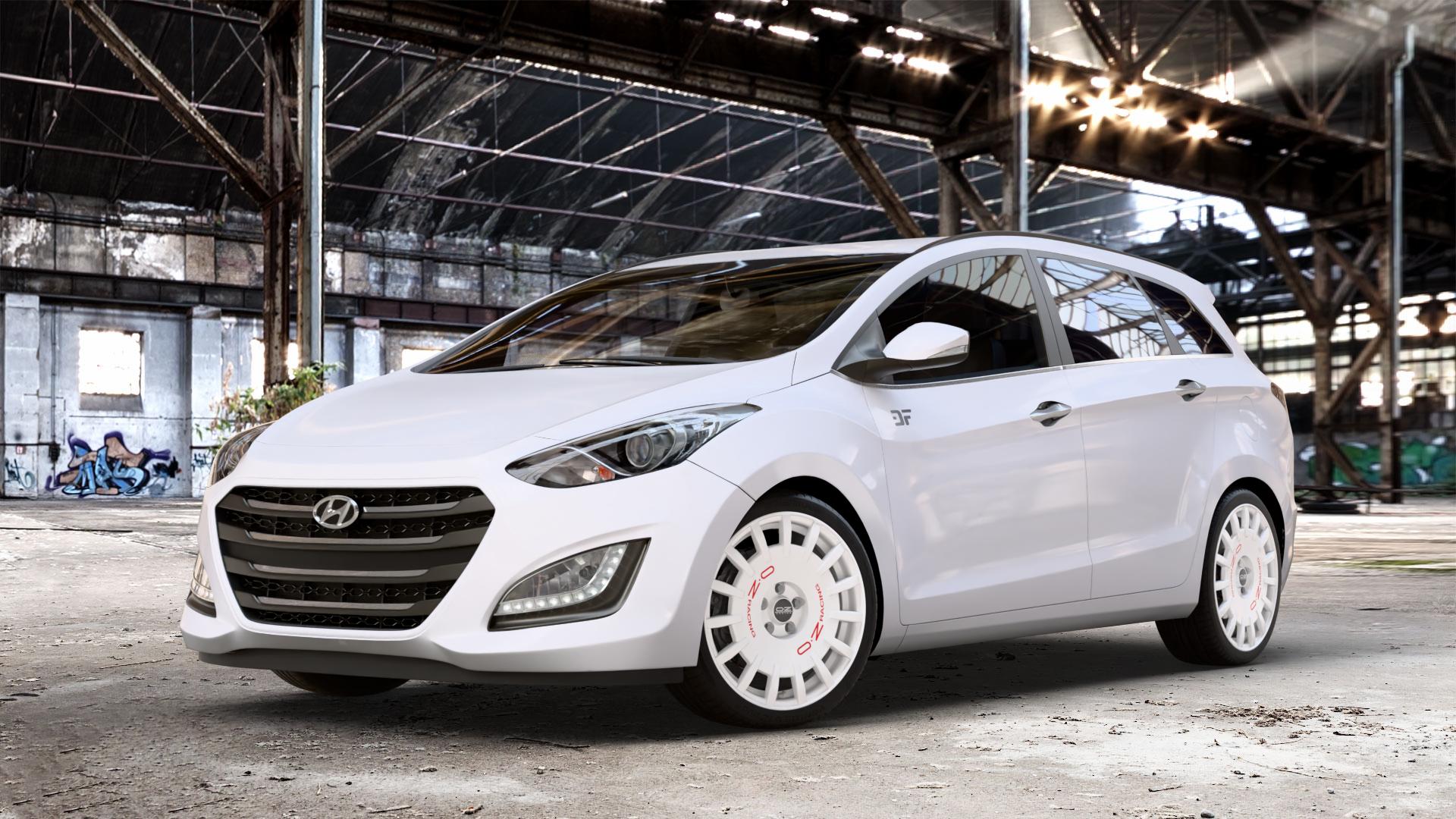 OZ RACING RALLY RACING RACE WHITE + RED LETTERING Felge mit Reifen rot weiss weiß in 18Zoll Winterfelge Alufelge auf weissem Hyundai i30 Typ FDH Kombi GDH Facelift ⬇️ mit 15mm Tieferlegung ⬇️ Old Industrial Hall_max_4400mm_2024 Frontansicht_1