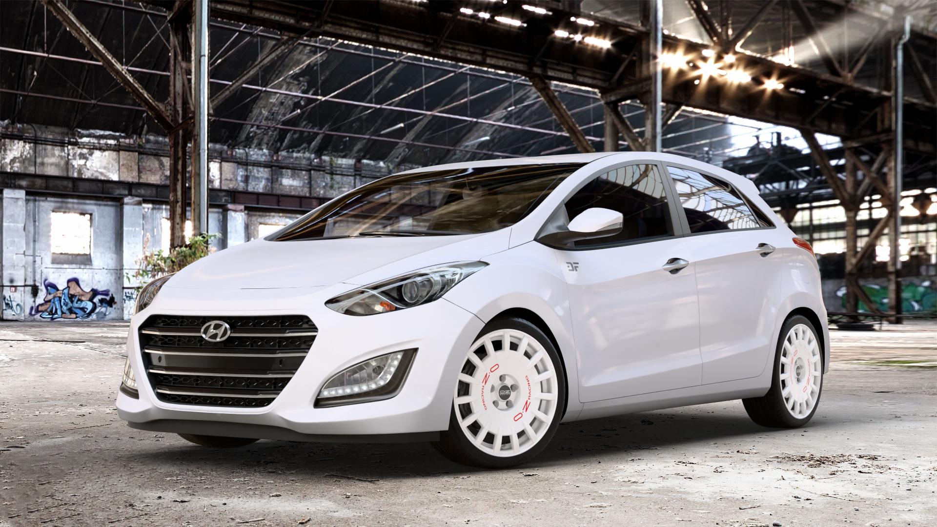 OZ RACING RALLY RACING RACE WHITE + RED LETTERING Felge mit Reifen rot weiss weiß in 18Zoll Winterfelge Alufelge auf weissem Hyundai i30 Typ GDH Facelift ⬇️ mit 15mm Tieferlegung ⬇️ Old Industrial Hall_max_4400mm_2024 Frontansicht_1