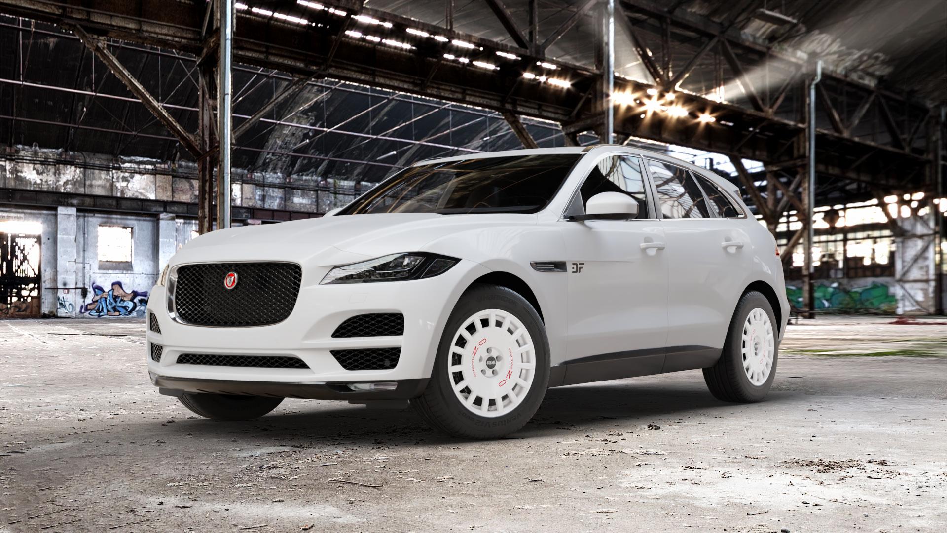 OZ RACING RALLY RACING RACE WHITE + RED LETTERING Felge mit Reifen rot weiss weiß in 18Zoll Winterfelge Alufelge auf weissem Jaguar F-Pace Typ DC ⬇️ mit 15mm Tieferlegung ⬇️ Old Industrial Hall_max_5300mm_2024 Frontansicht_1