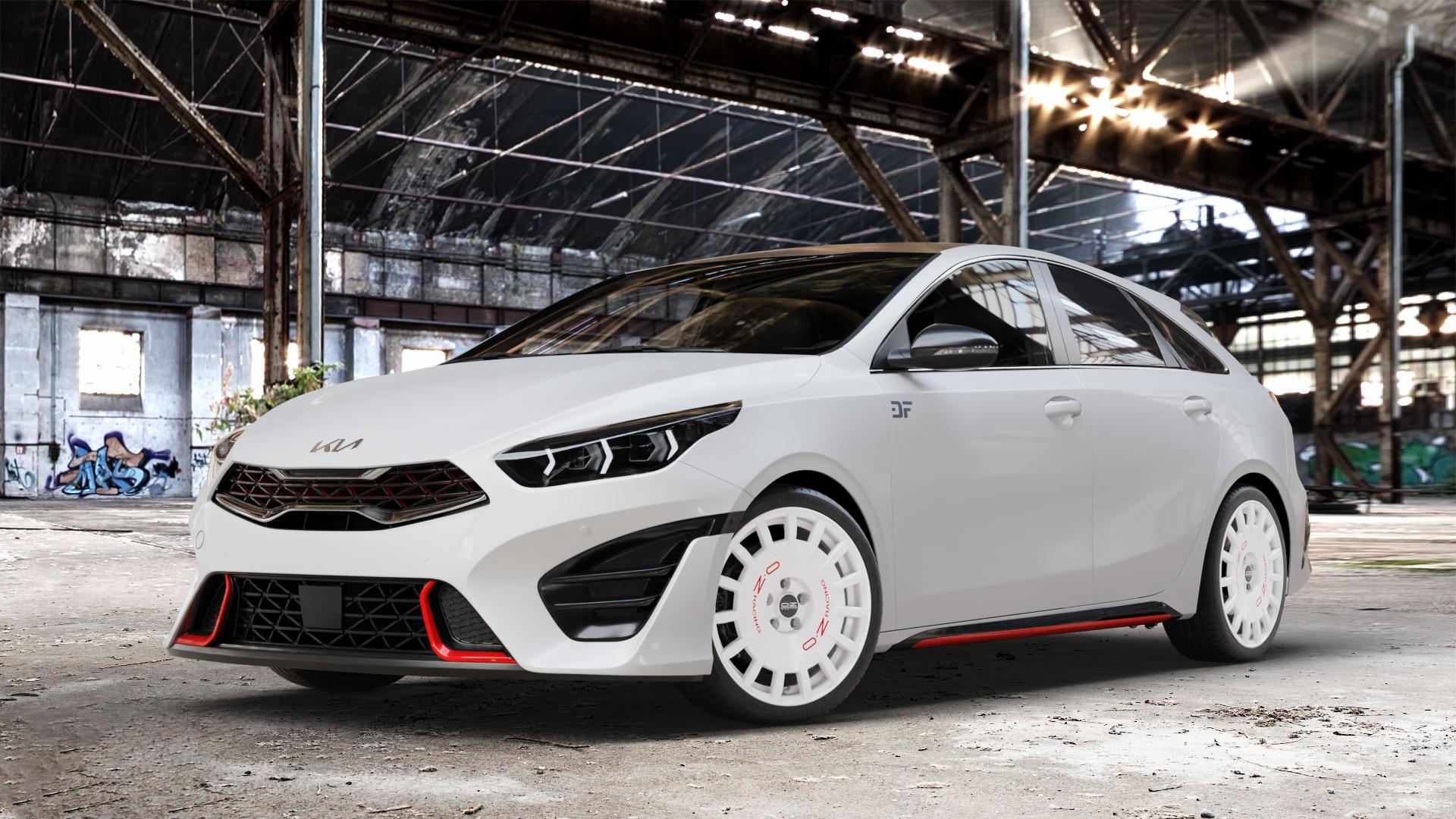 OZ RACING RALLY RACING RACE WHITE + RED LETTERING Felge mit Reifen rot weiss weiß in 18Zoll Winterfelge Alufelge auf weissem Kia ProCeed Typ CD Facelift Pro Cee d ⬇️ mit 15mm Tieferlegung ⬇️ Old Industrial Hall_max_4400mm_2024 Frontansicht_1